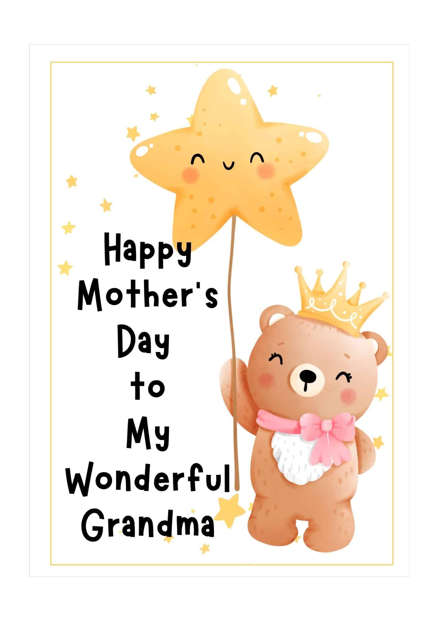 A bear holding a star balloon and wearing a gold tiara.