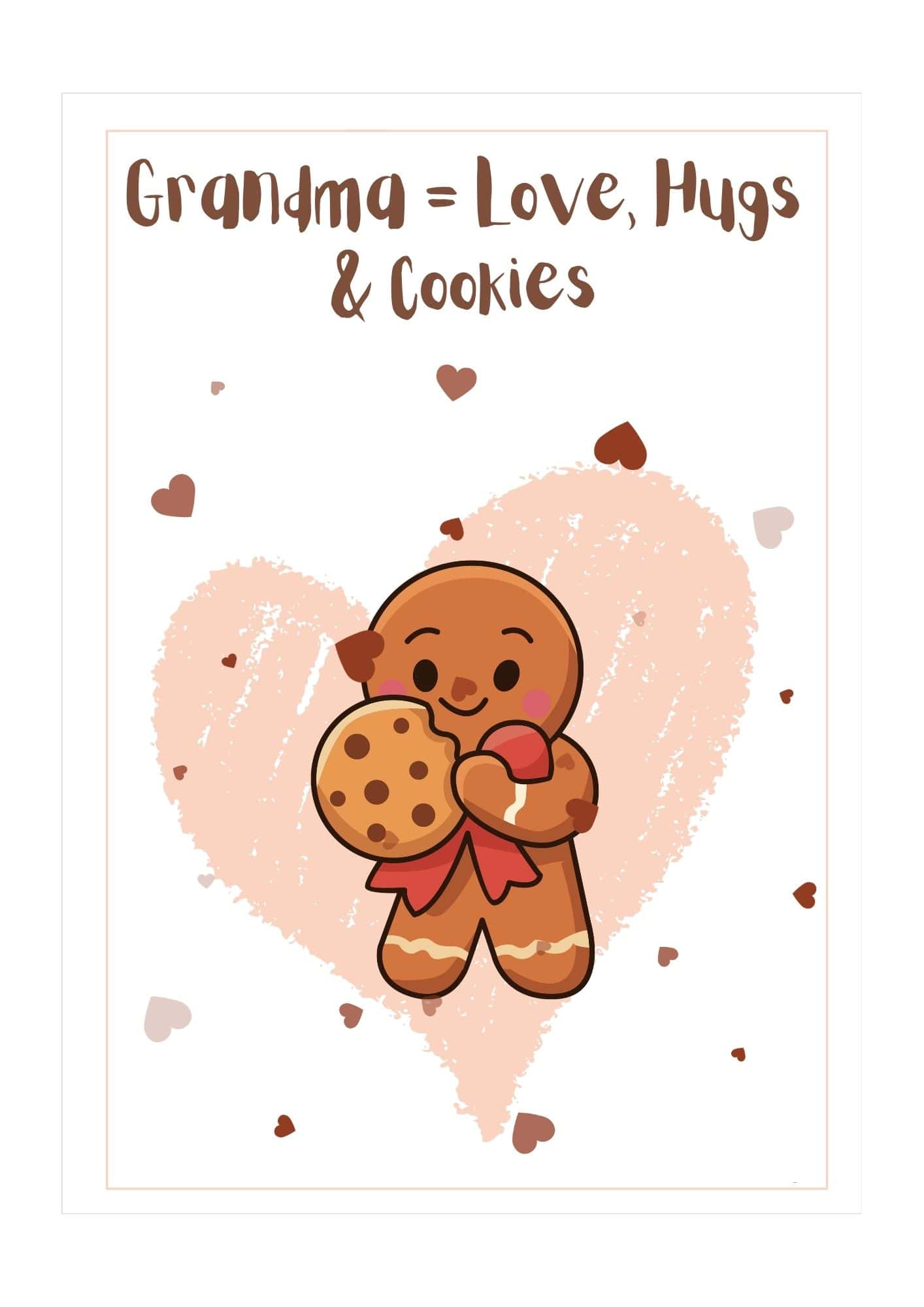 A mother's day card with a gingerbread man hugging a cookie against a pink heart motif.