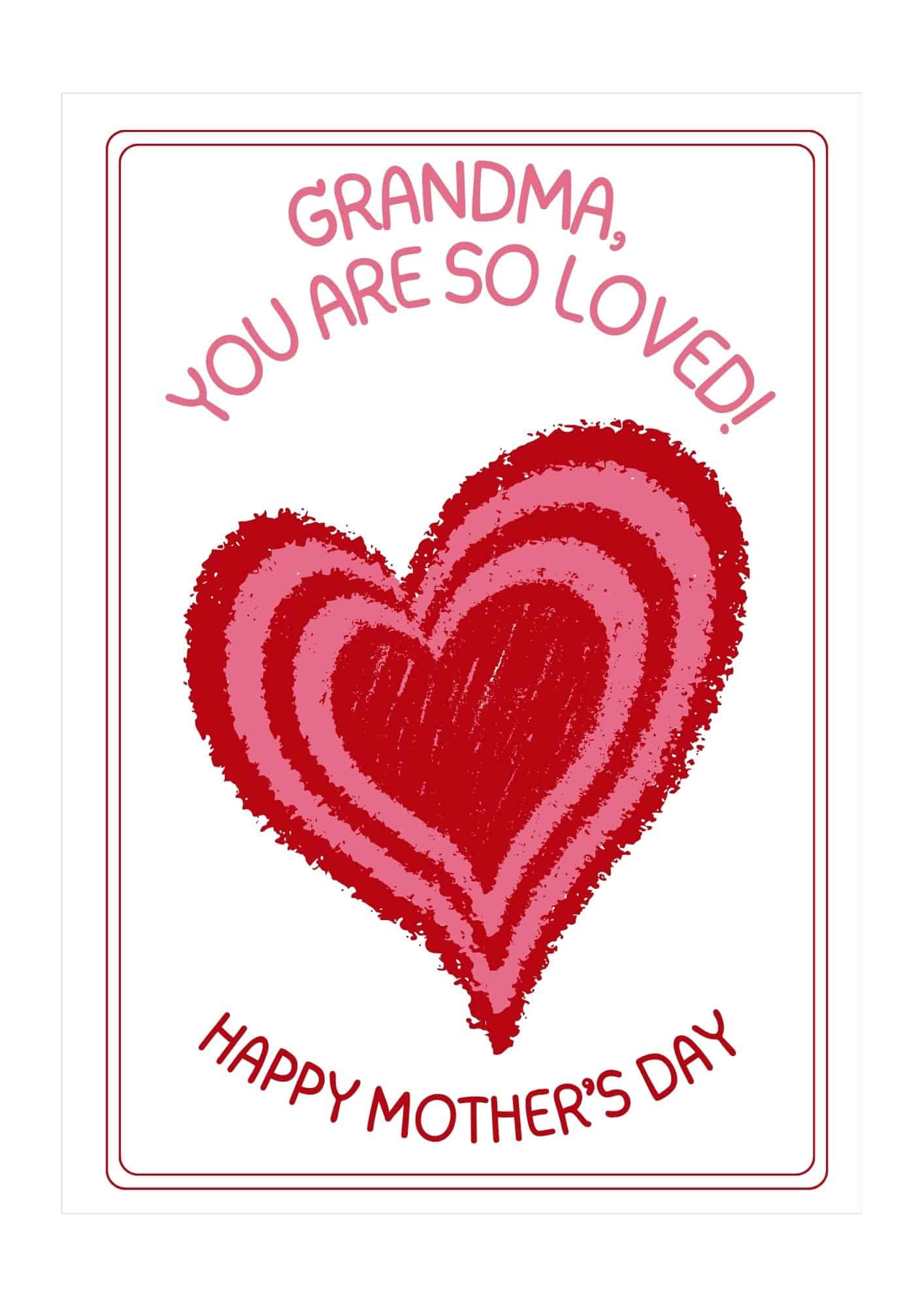 A mother's day card for grandma with a heart motif in the center in red and pink.