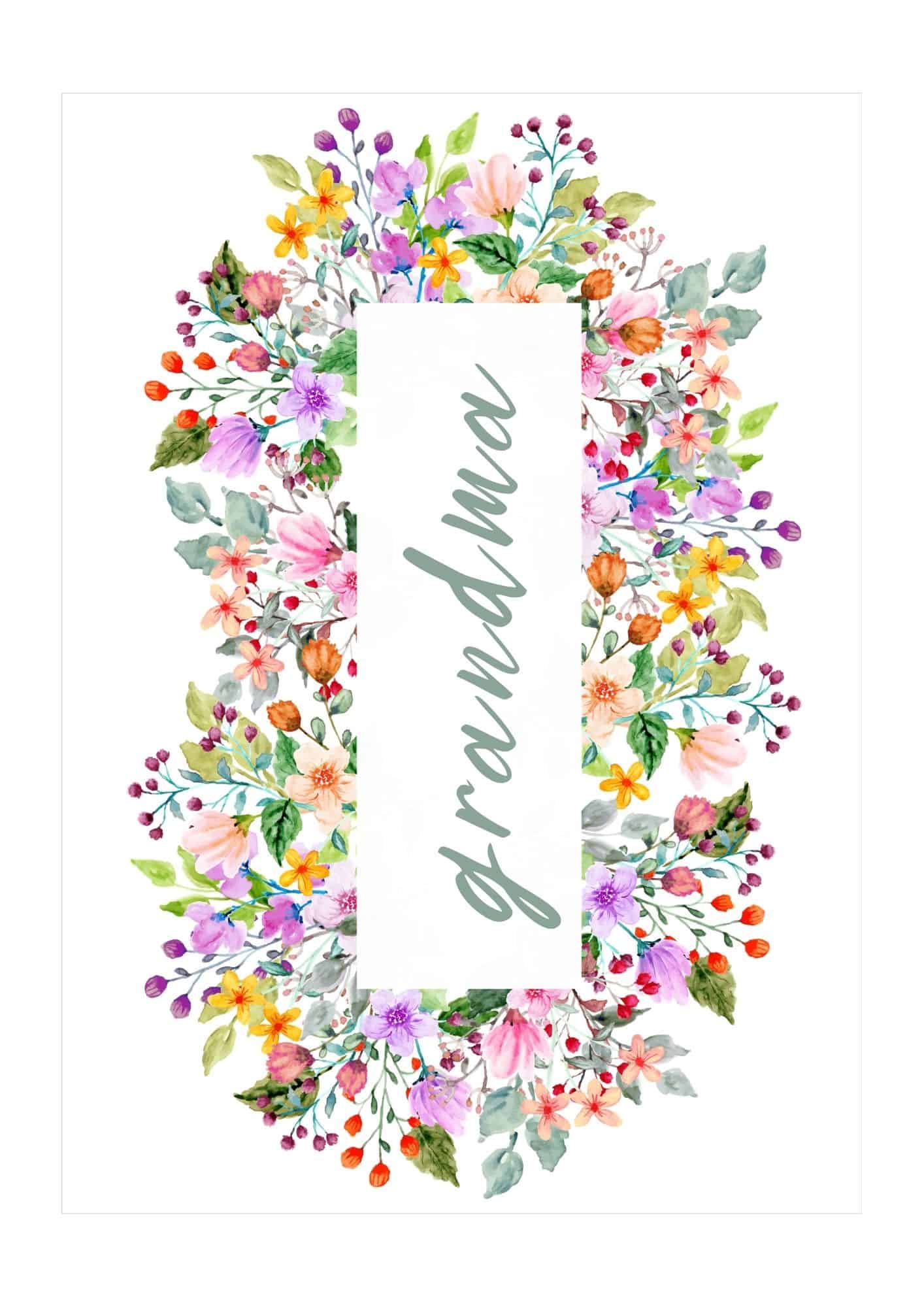 Floral arrangement with the word Grandma in the center on a Mother's day card.