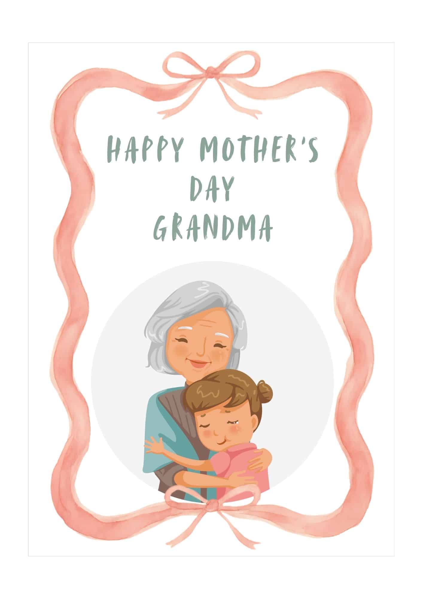 A grandma hugging a grandchild, framed by a pink ribbon bow.