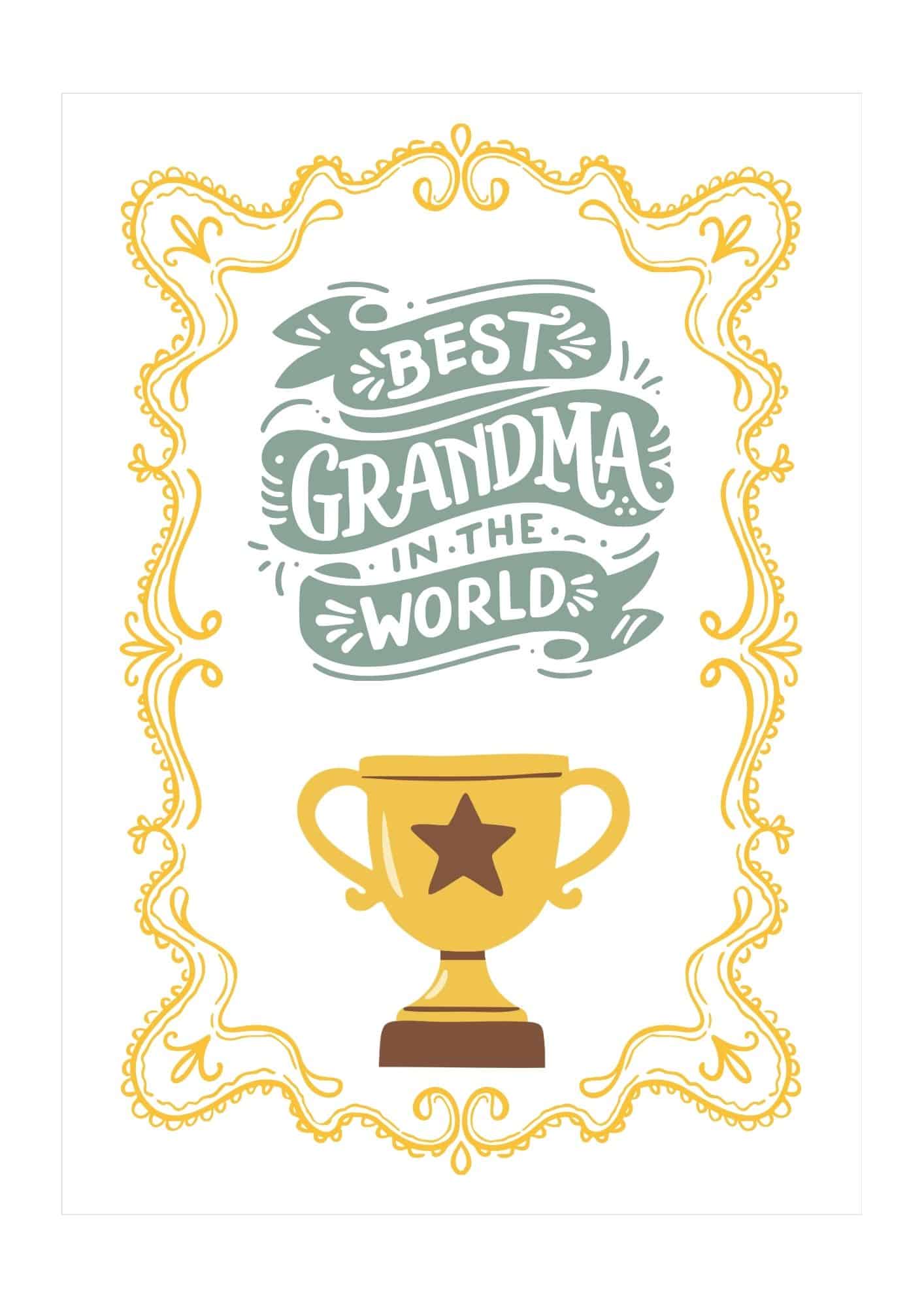 World's best grandma wording and a yellow trophy framed by a lace border in yellow.