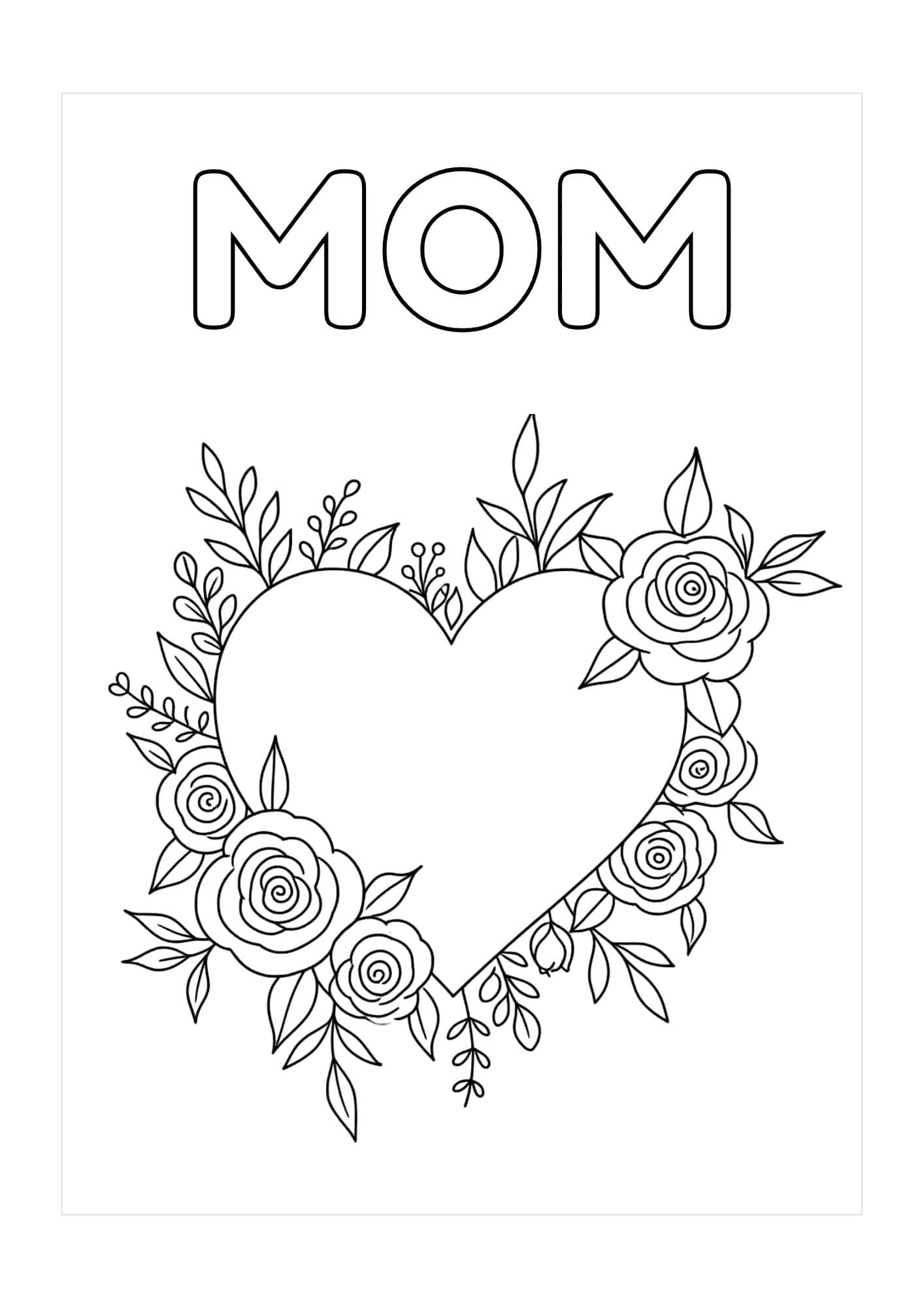 Printable mother's day card to color with a heart image surrounded by flowers and 'MOM' wording at the top.