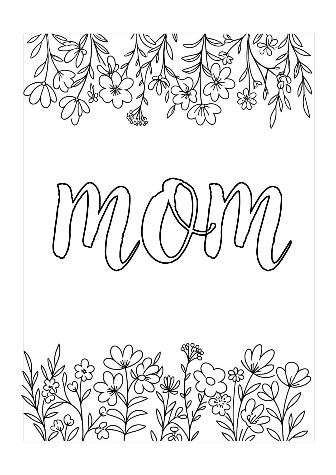 Mother's day card with the word "mom" in the center and floral top and bottom border.