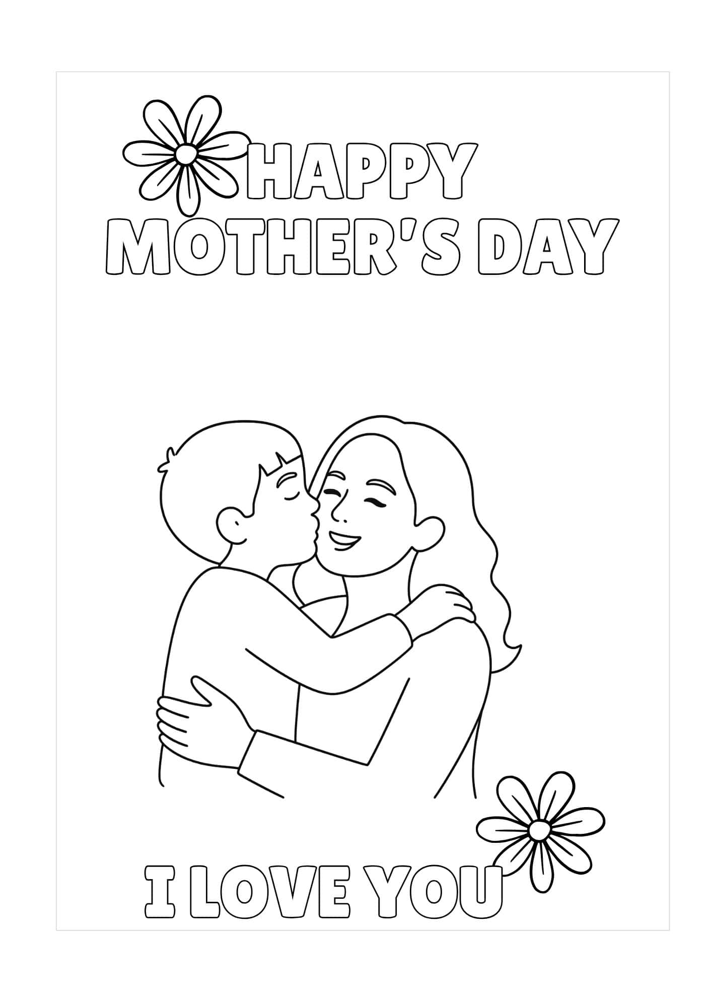 A boy kissing his mom's cheek and the wording Happy Mother's day, I love you.