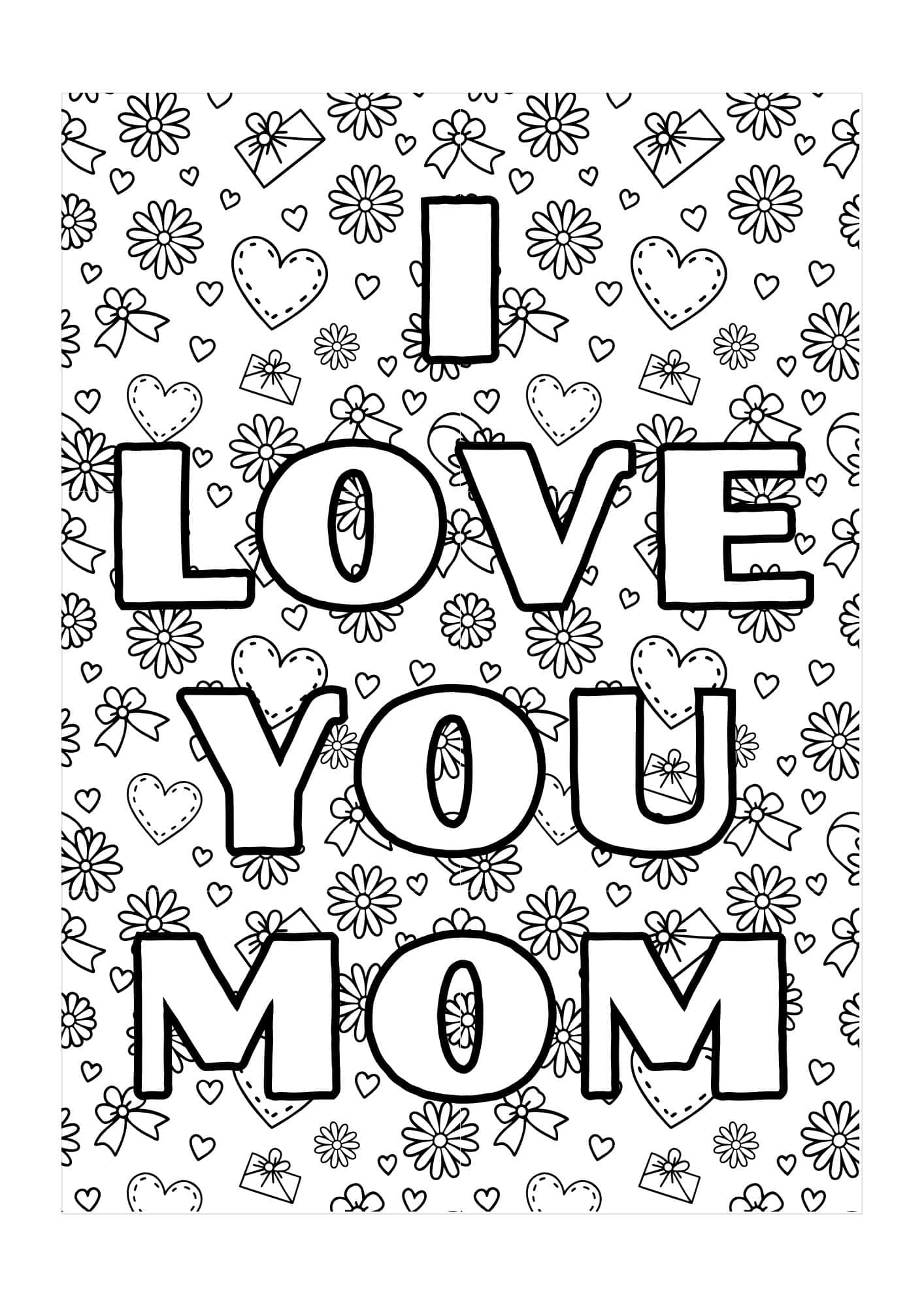 Mother's day card to color with doodle background and I Love You Mom words.