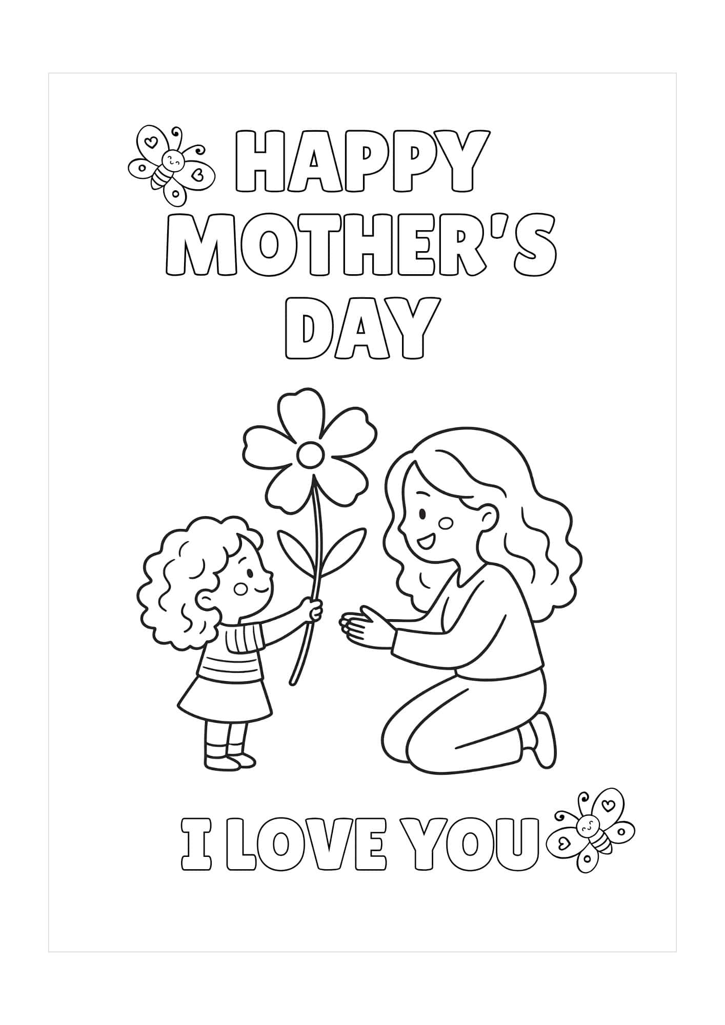 A little girl handing over a flower to her mother, with the words Happy Mother's Day, I love you.