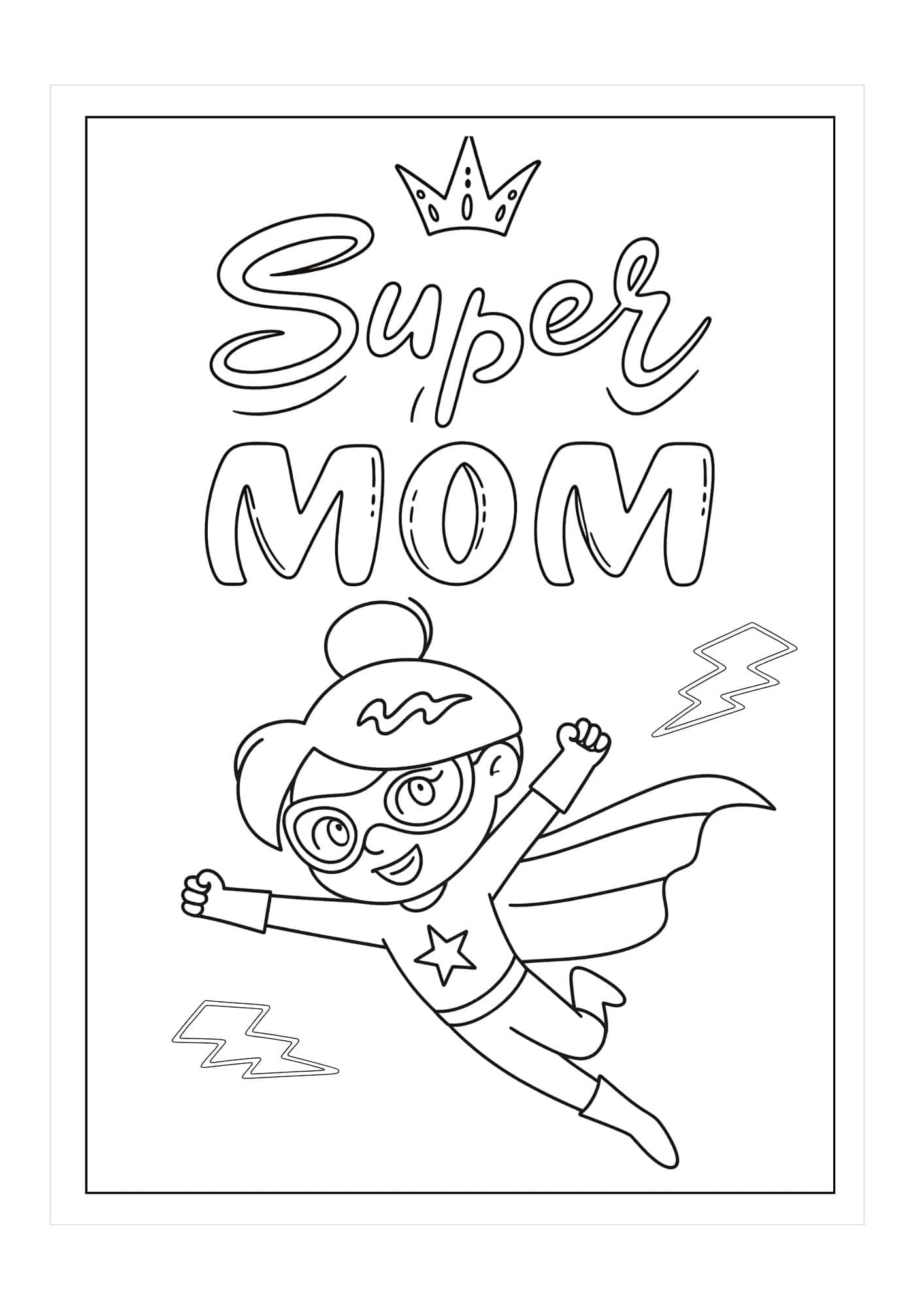 Super Mom card with image of a woman wearing a cape and flying.