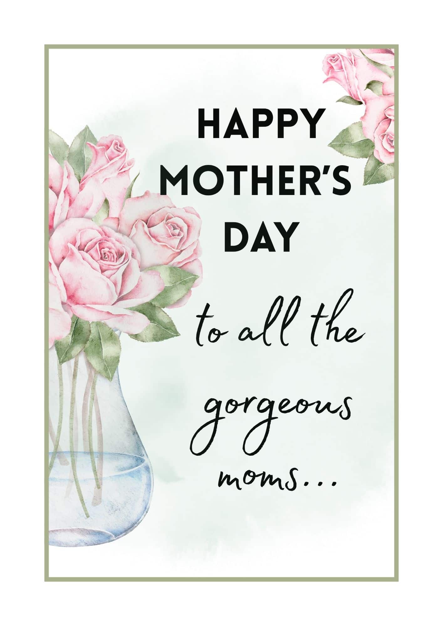 Printable Mother's Day sign with pink roses in a clear vase design.