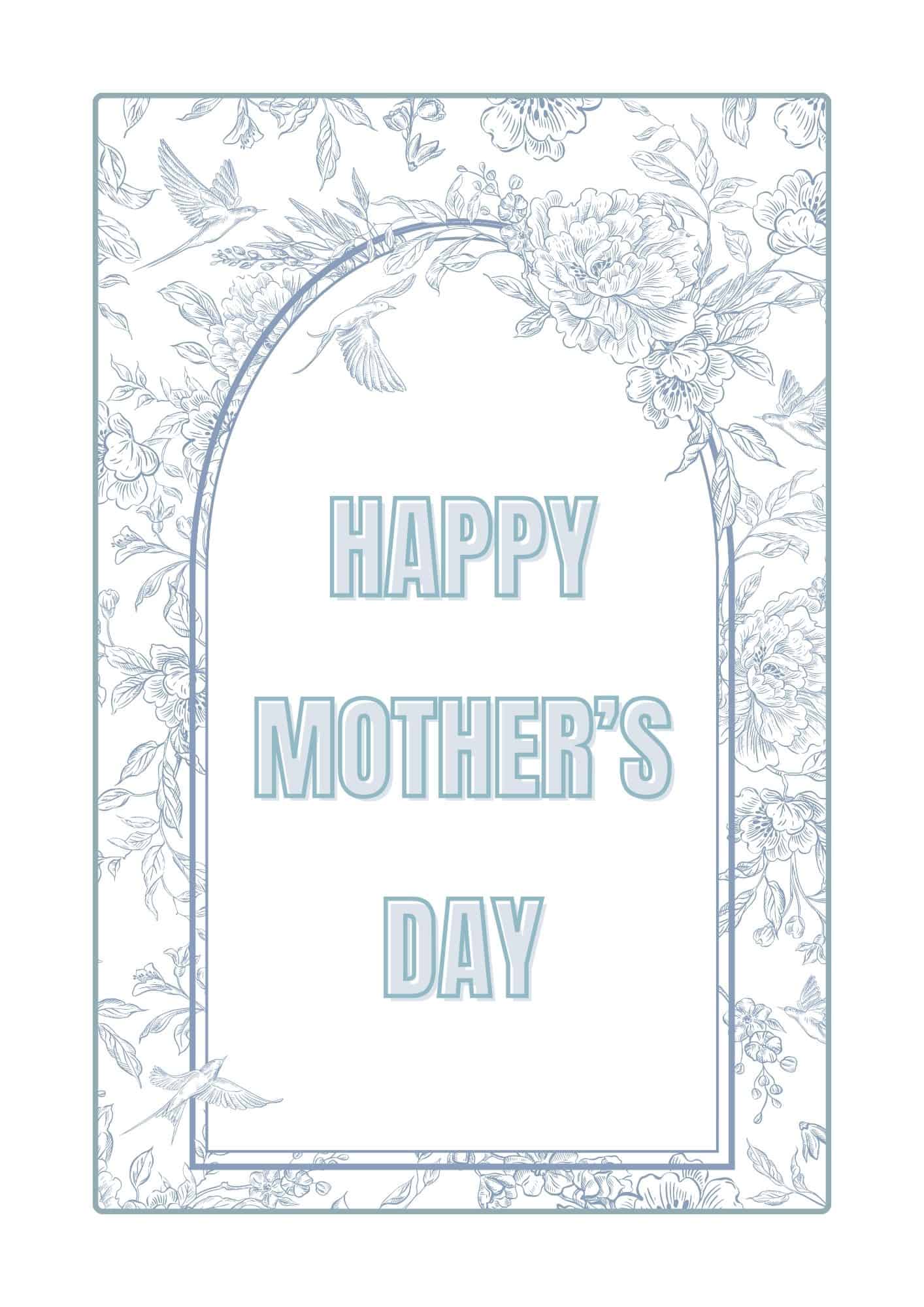 Happy Mother's Day printable sign in intricate blue floral and birds design.