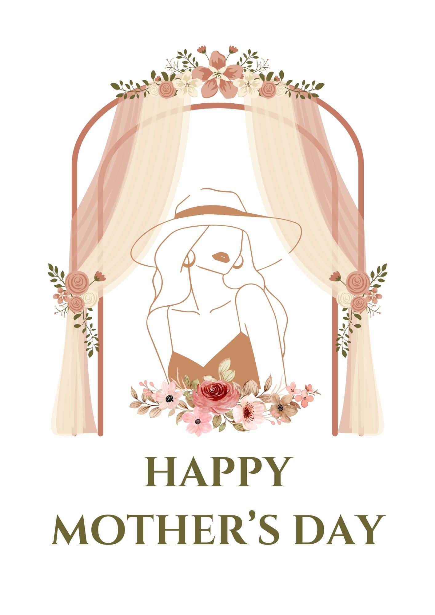 Happy mother's day free printable sign with a lady in an arched frame with curtains and florals.