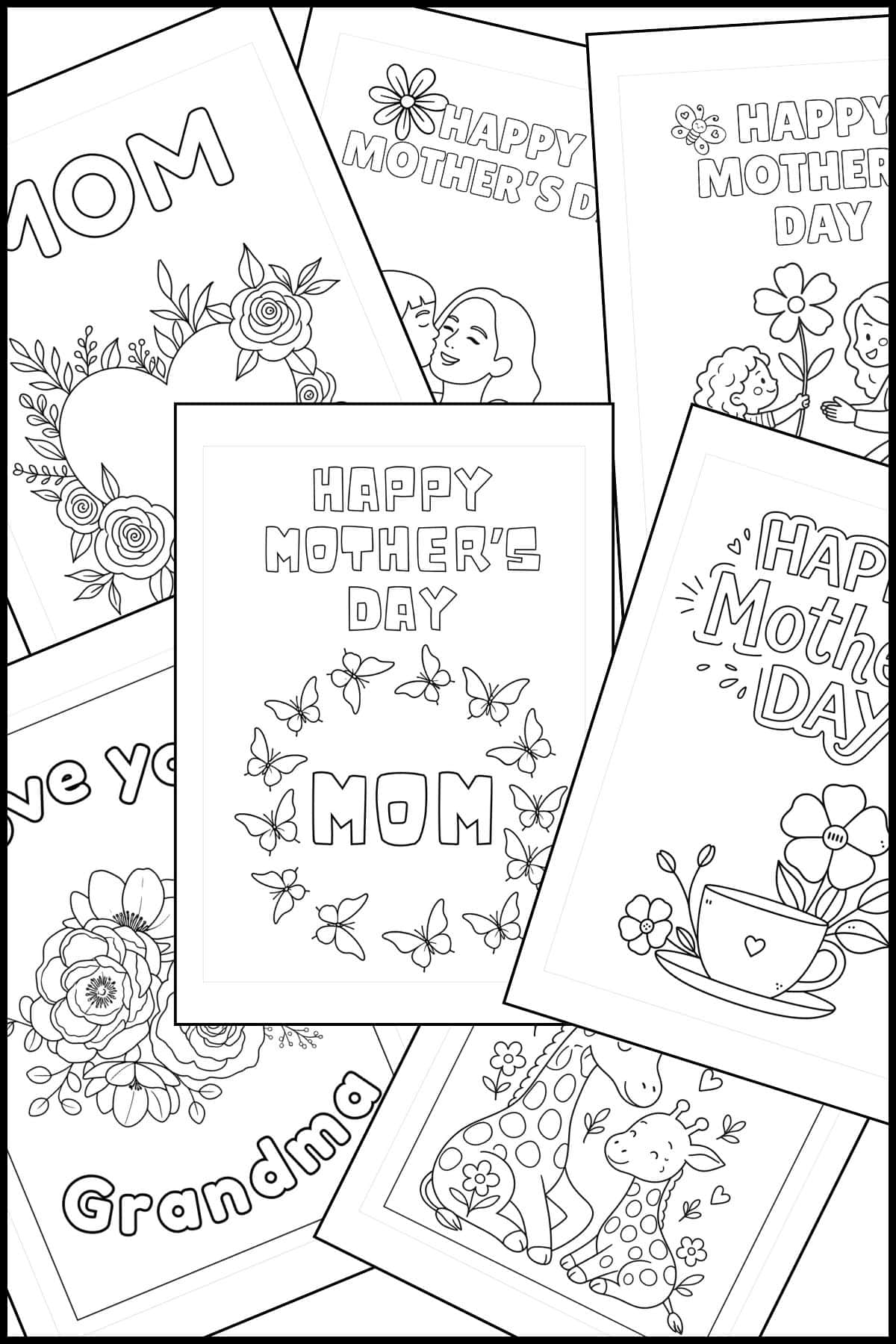 A stack of printable mother's day cards to color overlapping on one another.