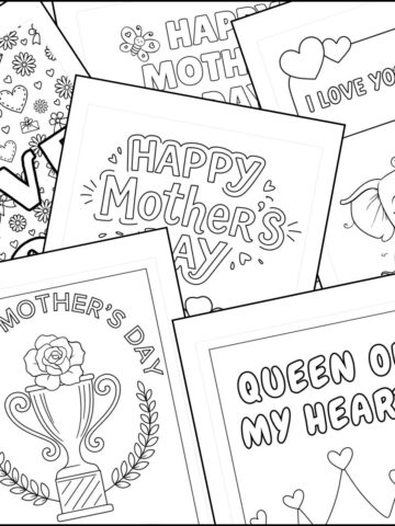 A stack of printable mother's day cards to color overlapping on one another.