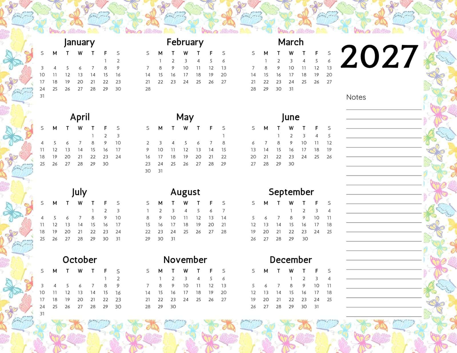 2027 calendar with colorful butterflies in the background.