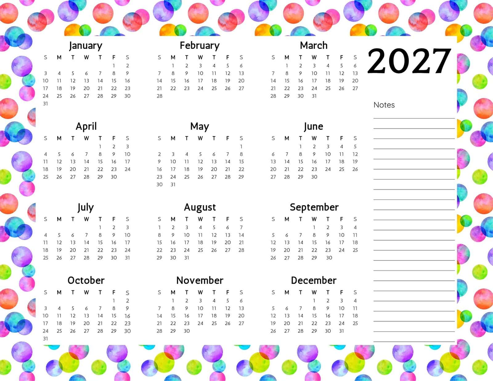 Printable 2027 calendar with colorful dots in rainbow colors.