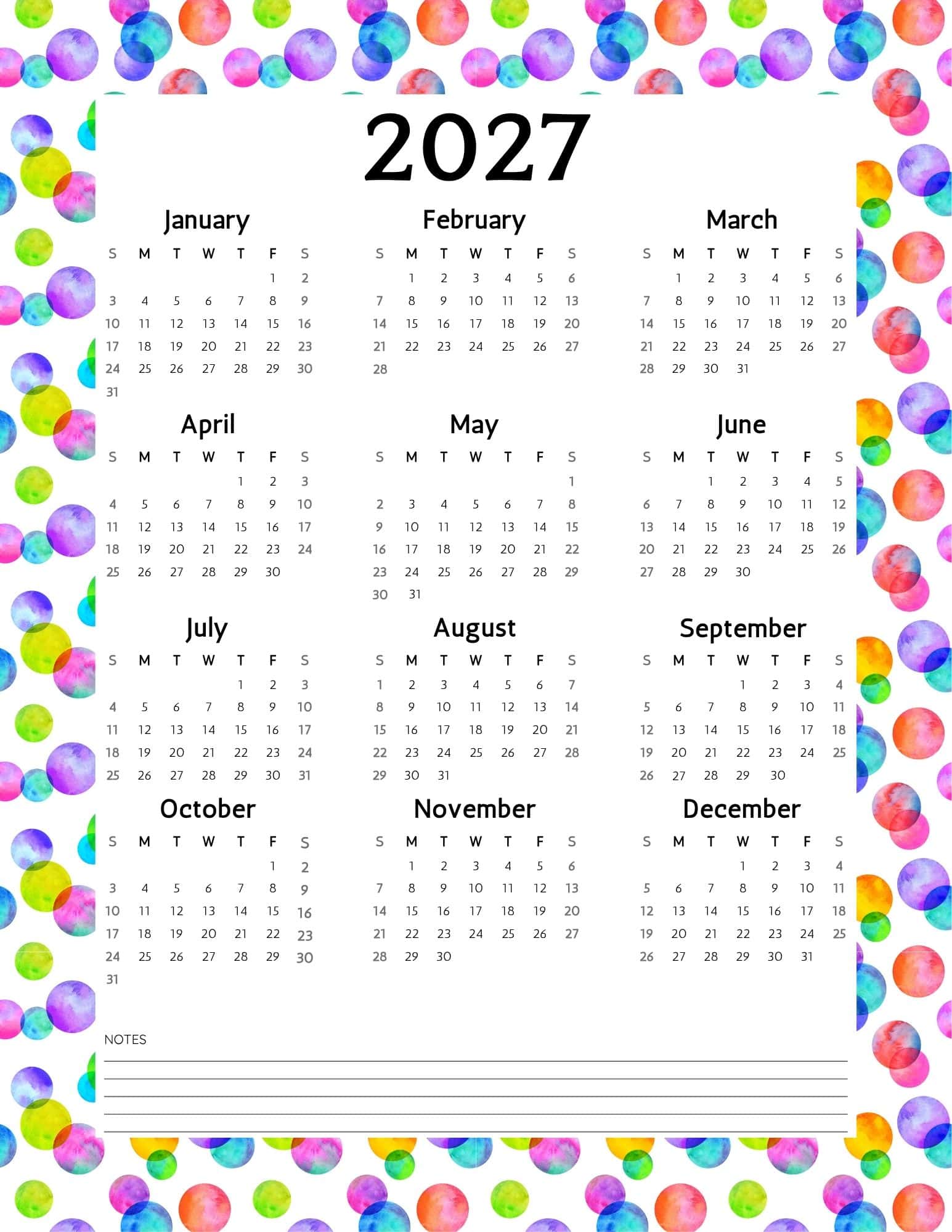 Printable 2027 calendar with colorful dots in rainbow colors.
