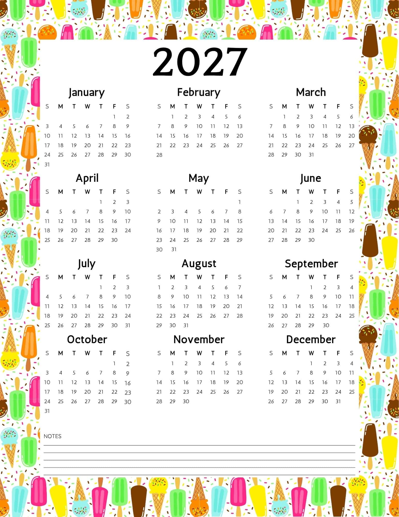 2027 calendar printable with colorful ice creams and popsicles frame.