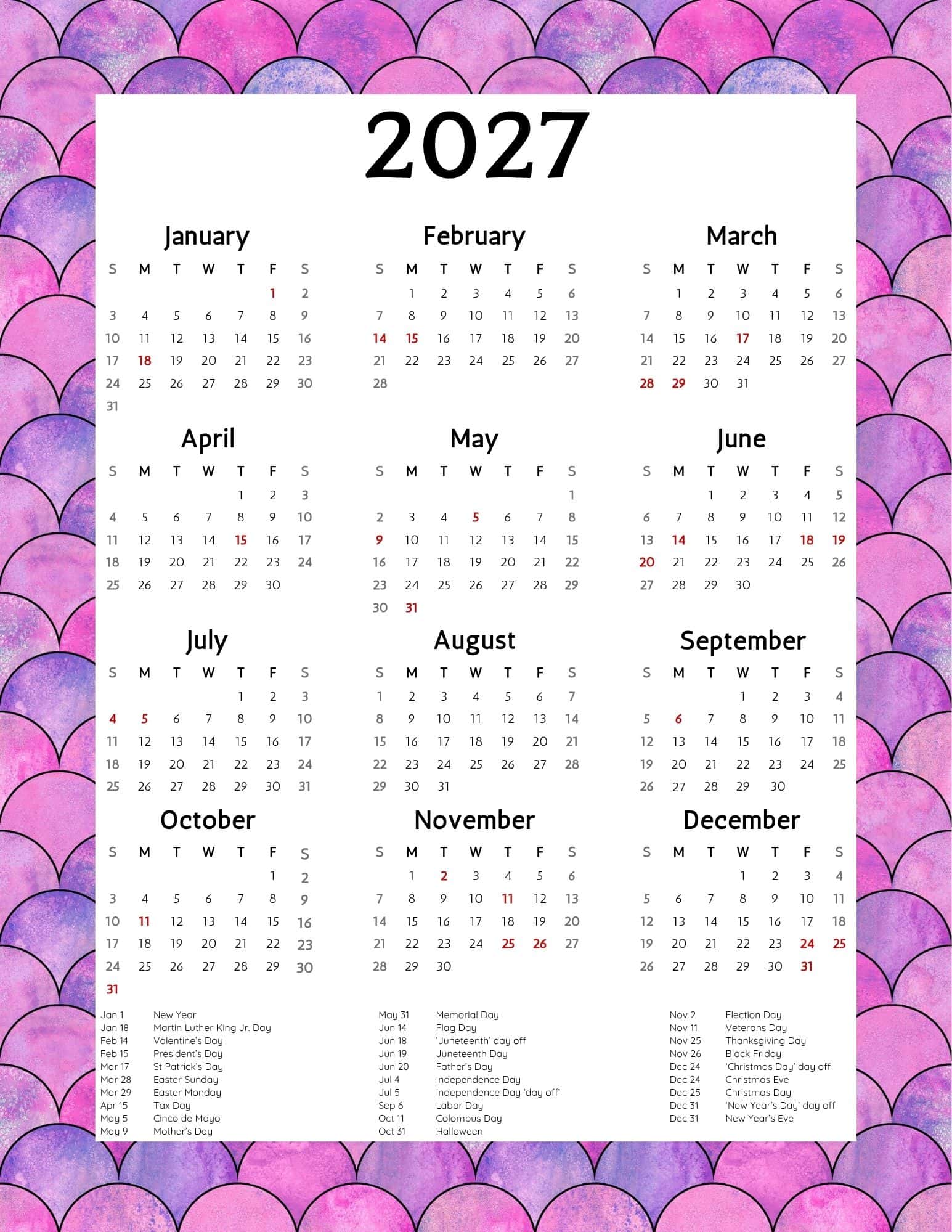 2027 calendar with mermaid scale design.