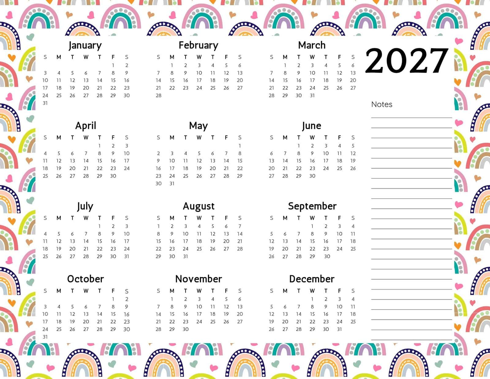 2027 printable calendar with colorful rainbows frame.