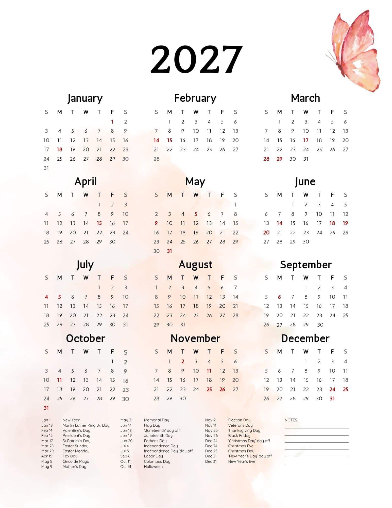 Abstract butterfly 2027 printable calendar.