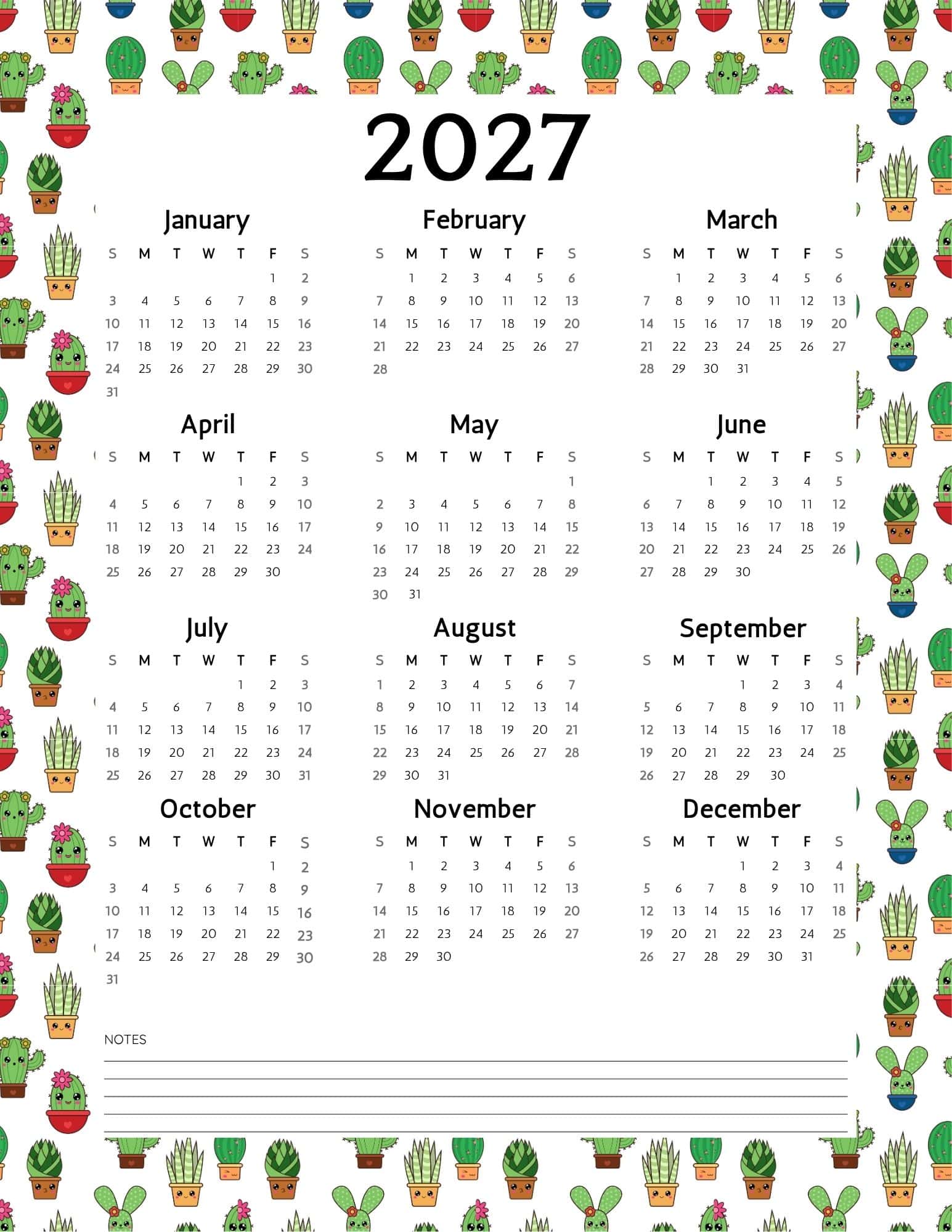 Cactus themed 2027 calendar.