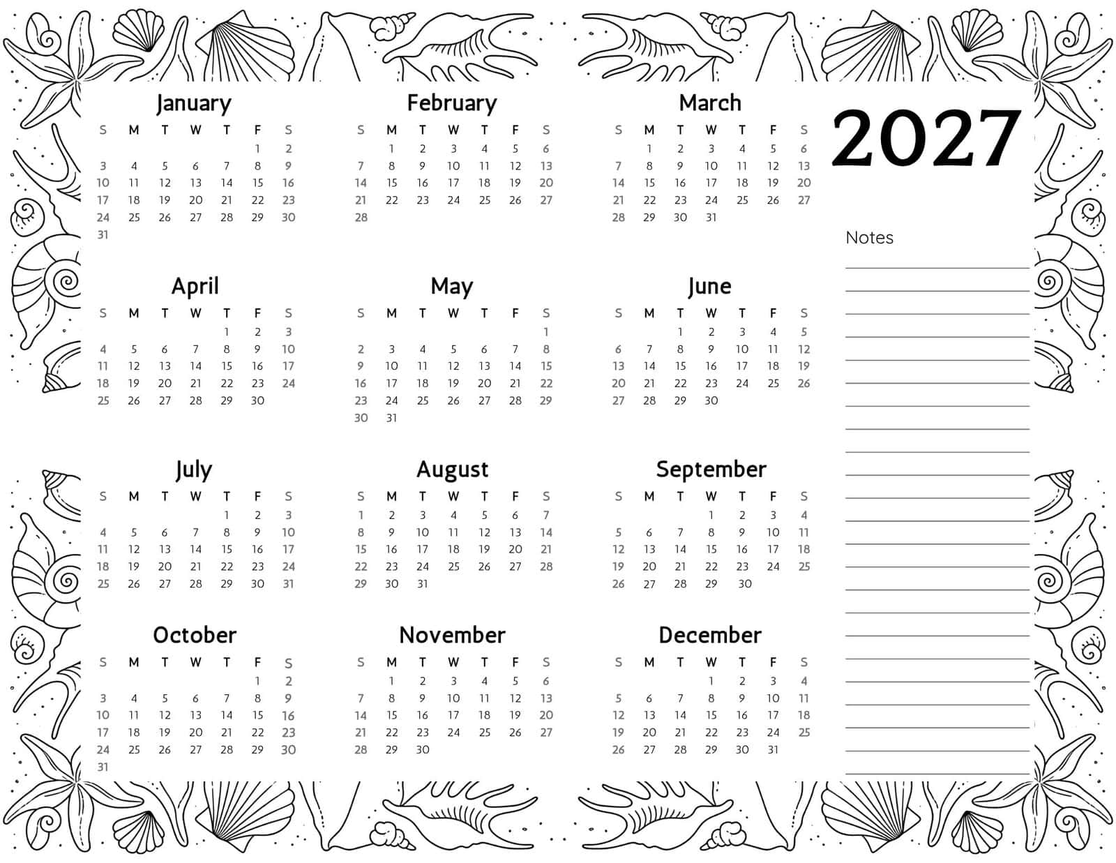 Seashells themed coloring calendar for 2027.