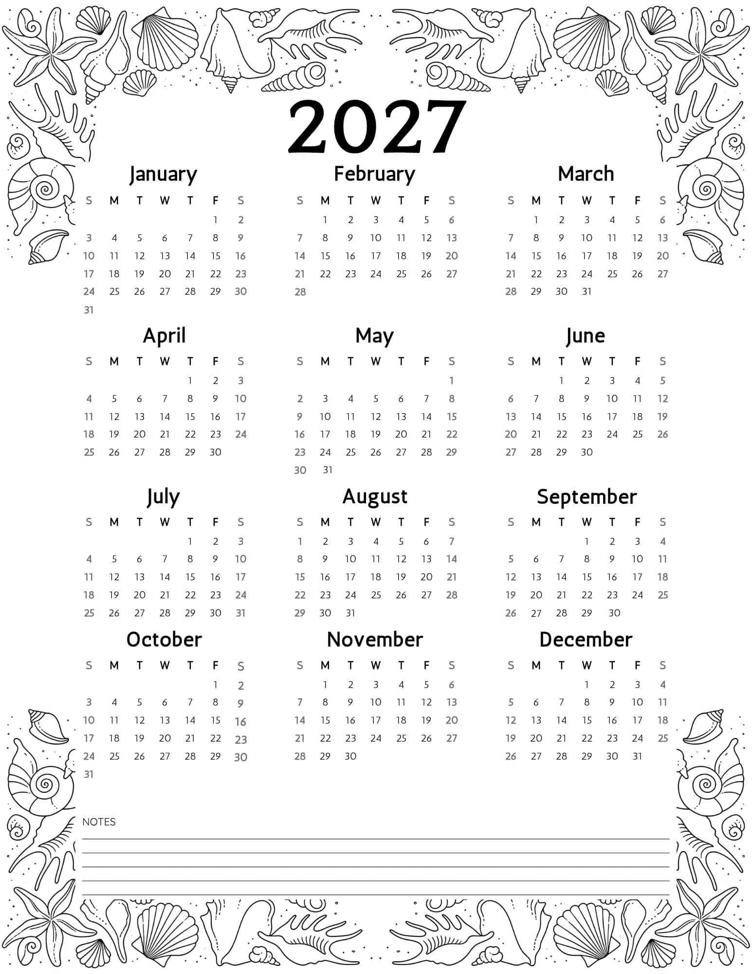 Seashells themed coloring calendar for 2027.