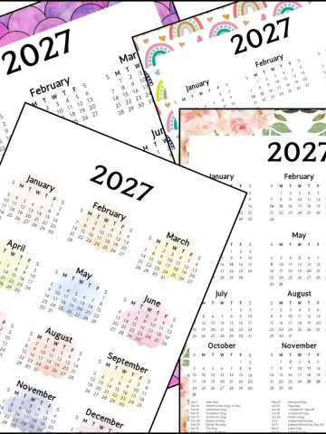 A stack of printable 2027 calendar overlapping one another.