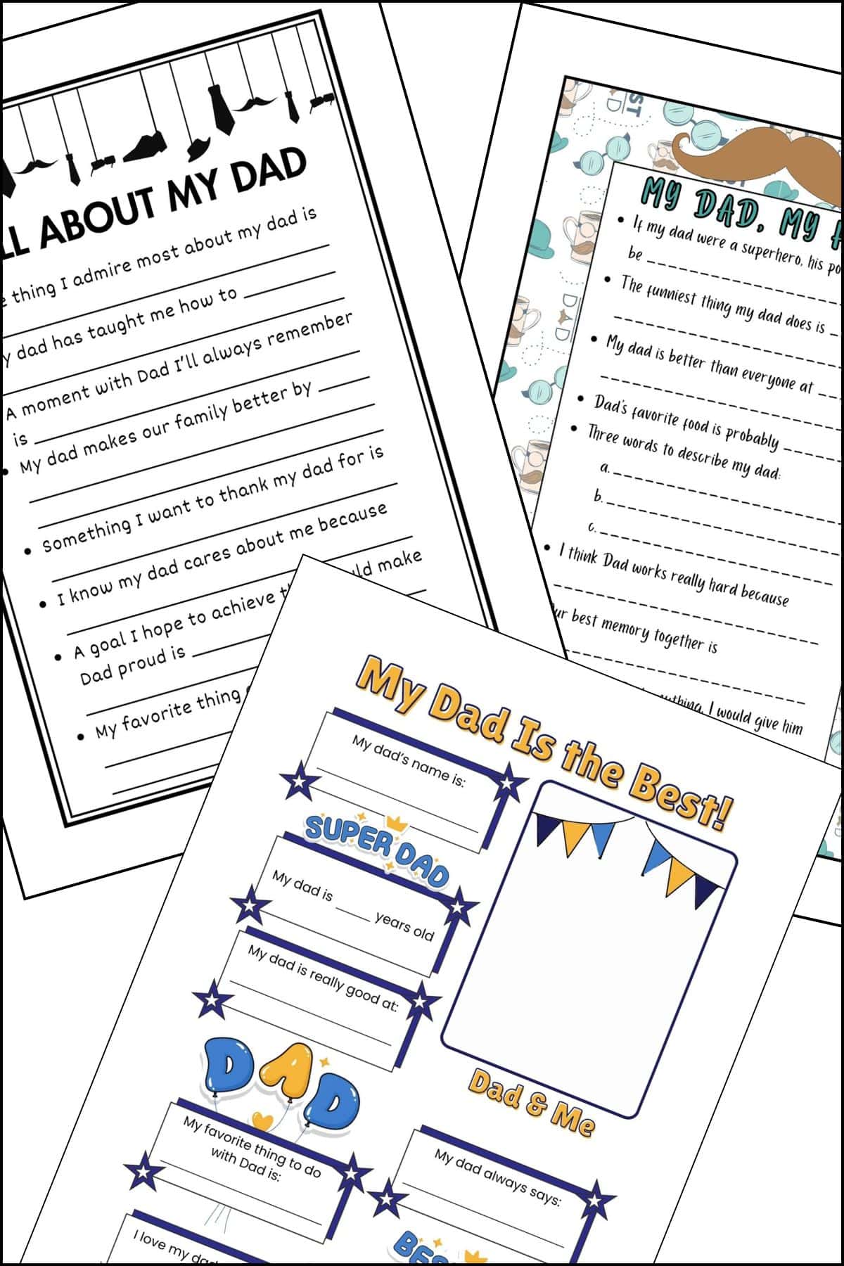 All About Dad printable questionnaires overlapping on one another.