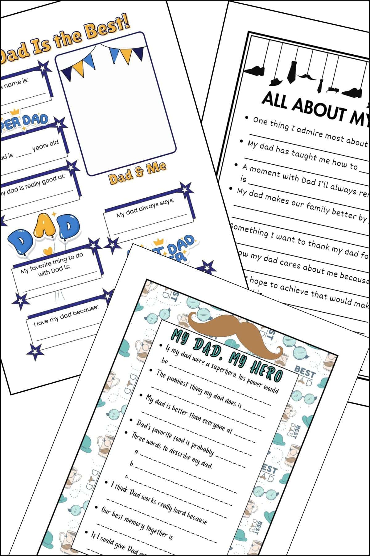 All About Dad printable questionnaires overlapping on one another.