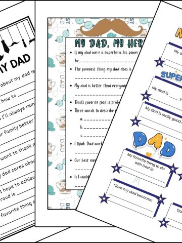 All About Dad printable questionnaires overlapping on one another.