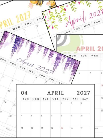 A stack of April 2027 calendar printable templates overlapping on one another.