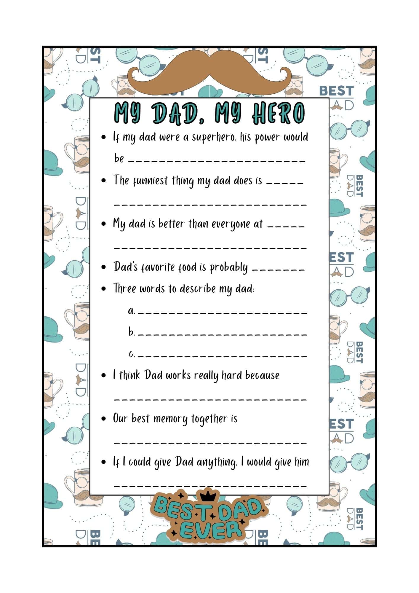 My dad, my hero questionnaire in doodle design.