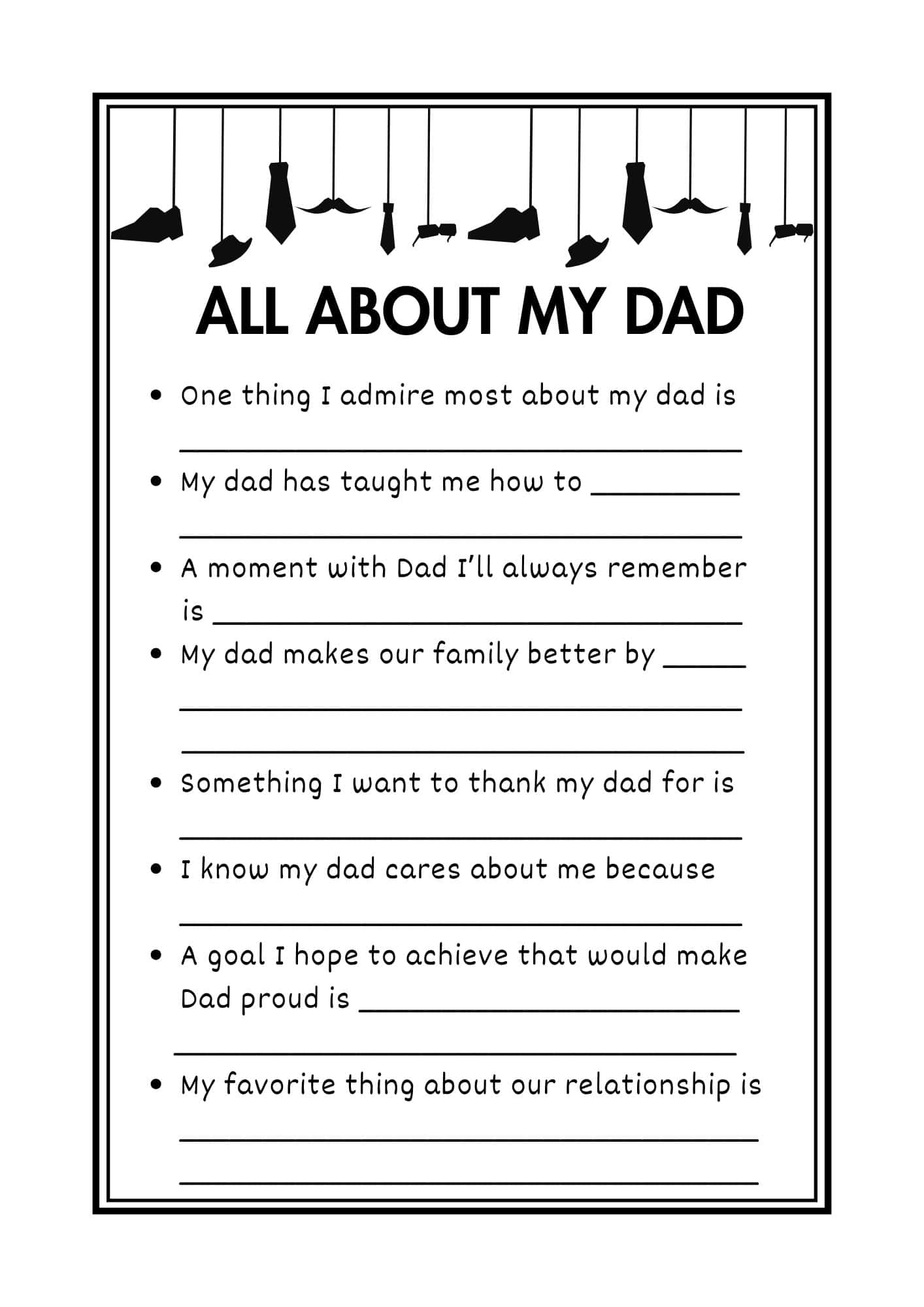 All about my dad printable questionnaire in minimalist black and white design.