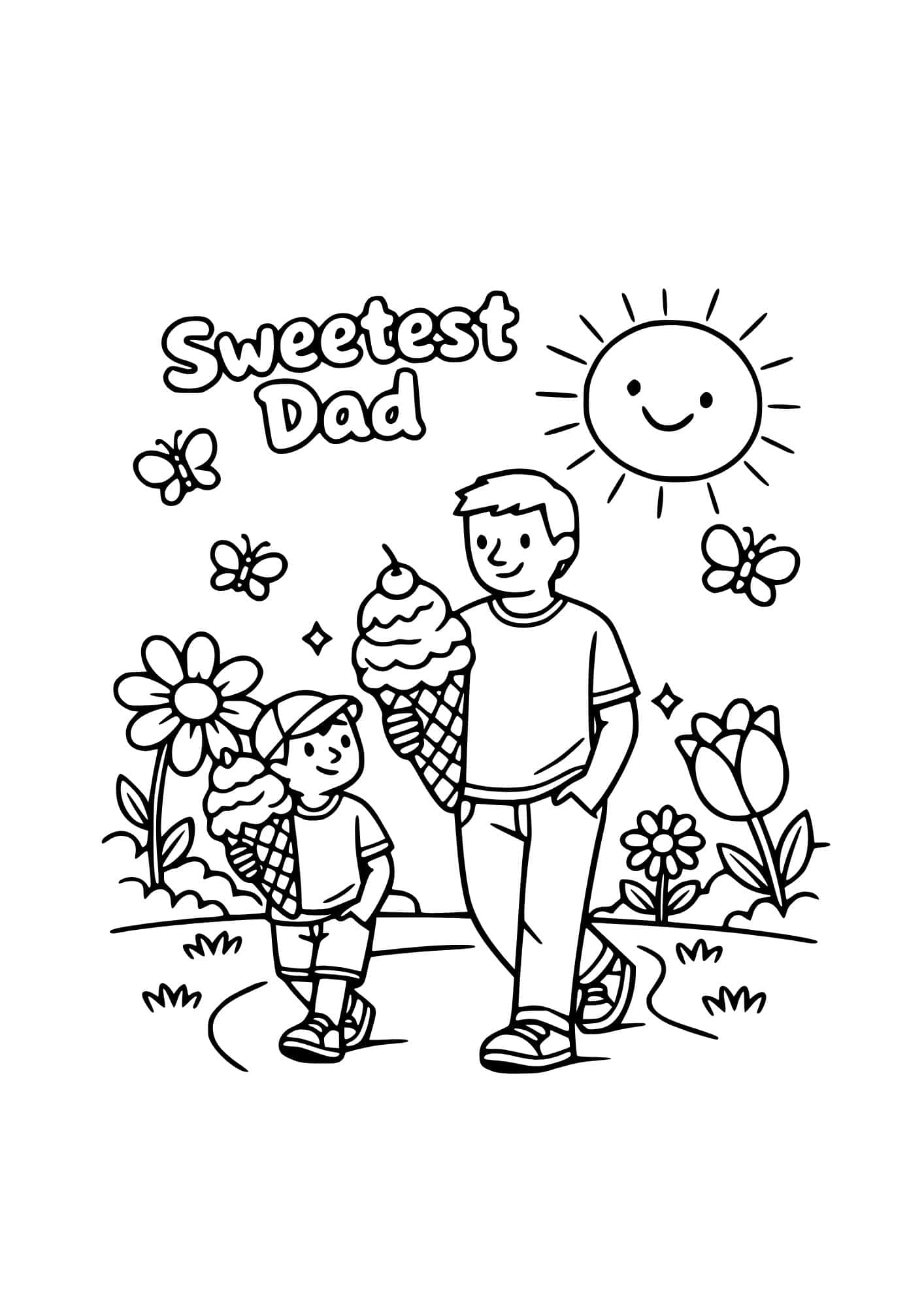 Dad and son eating ice cream in a park coloring page.