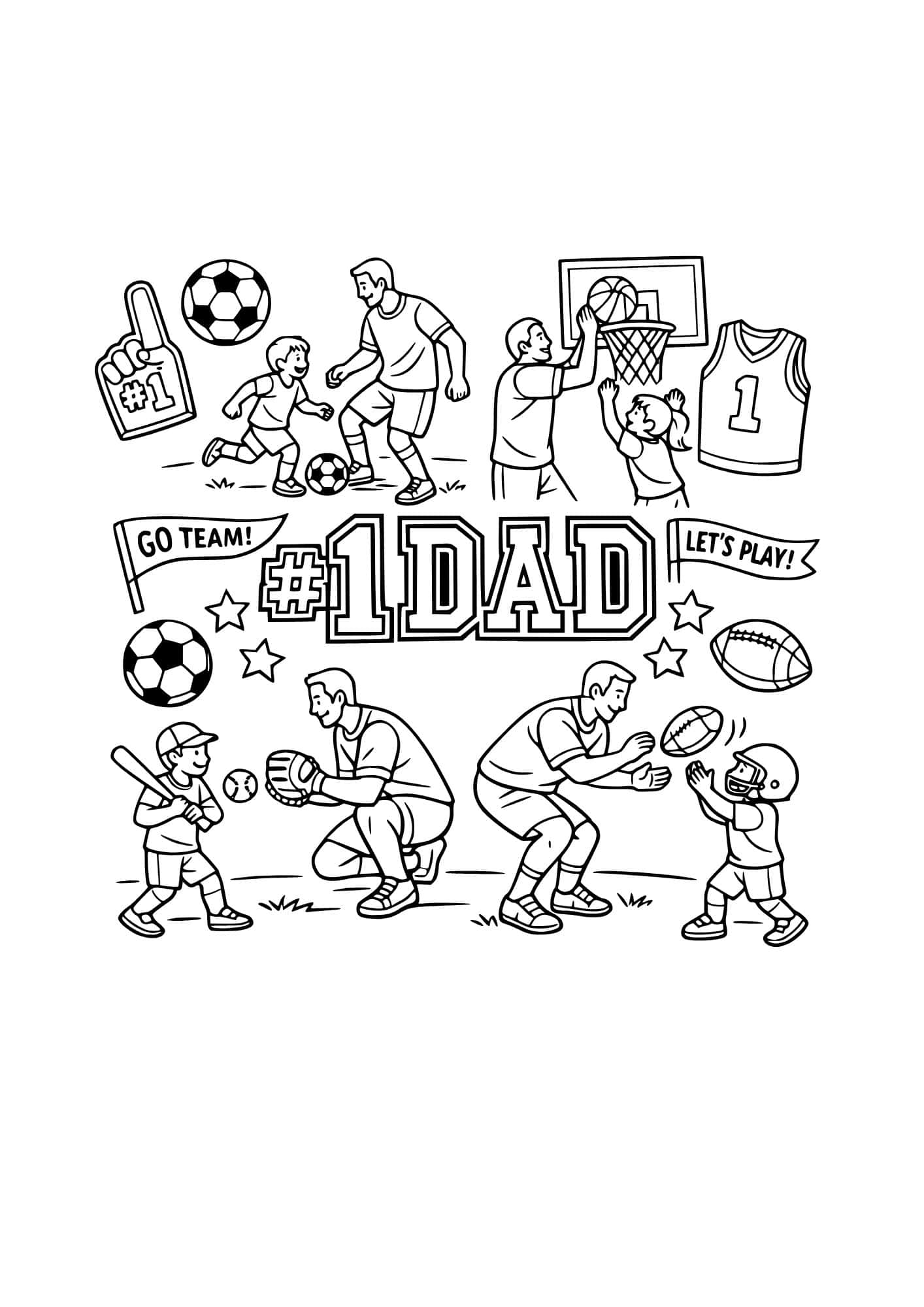 Number one dad playing football, basketball, baseball coloring page.