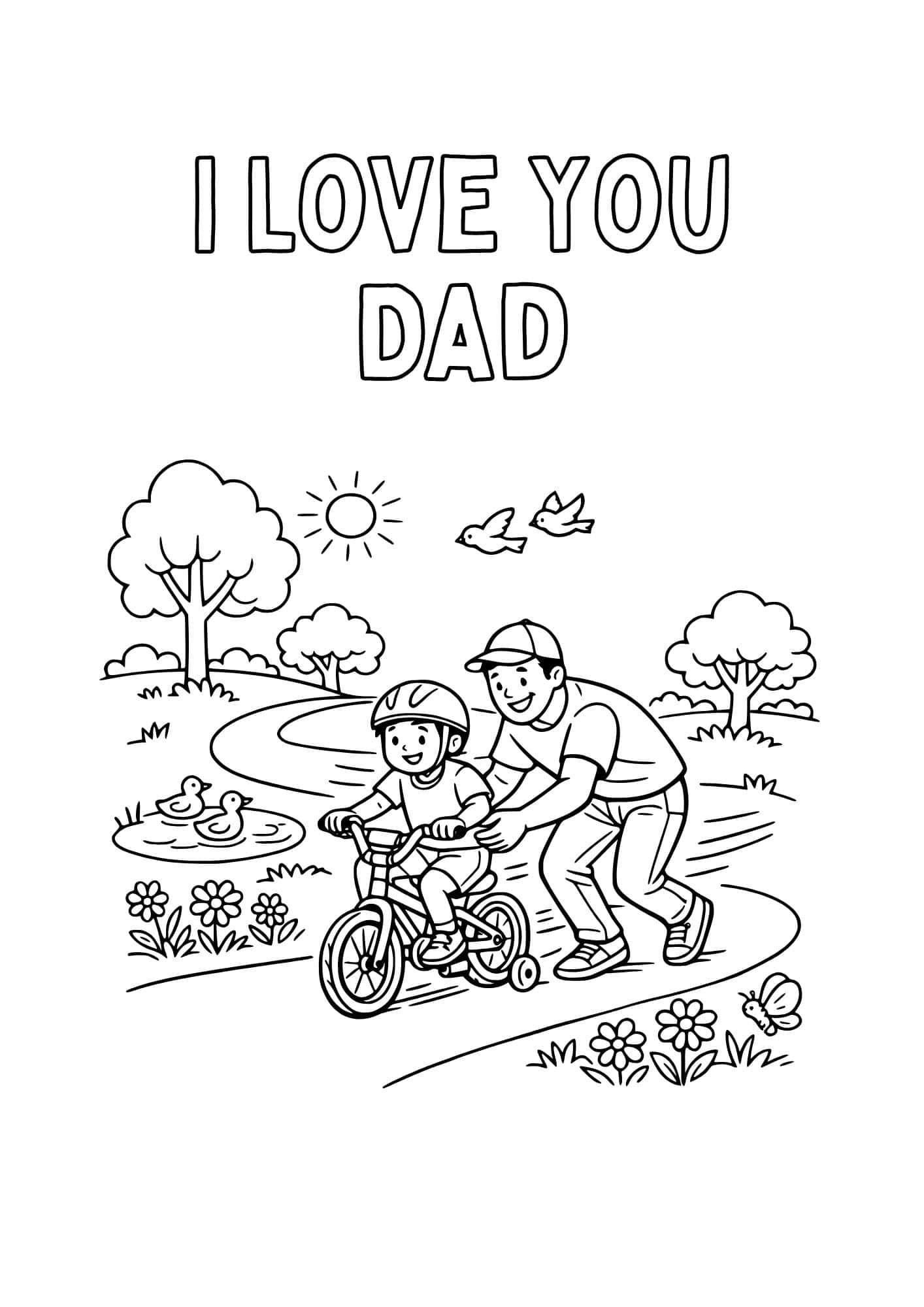 Dad teaching how to ride a bike coloring page.