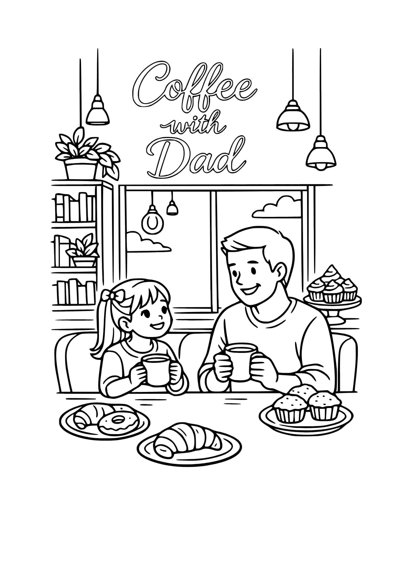 Dad and daughter having drinks in a cafe coloring page.