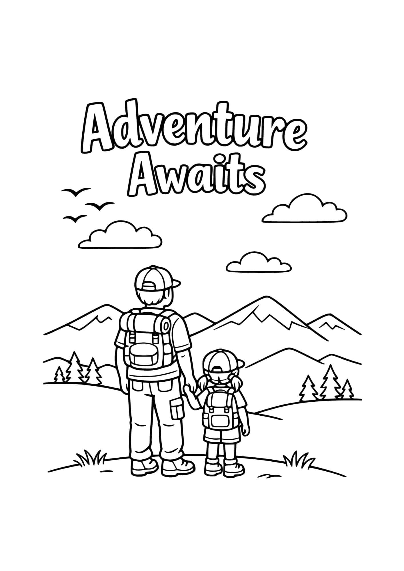 Dad and child overlooking far mountains coloring page.