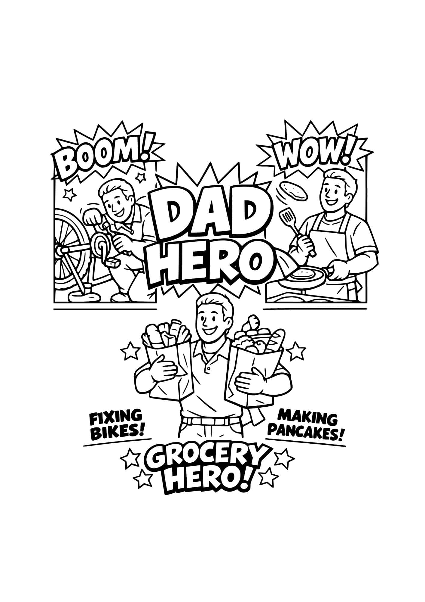 Dad superhero themed coloring page.