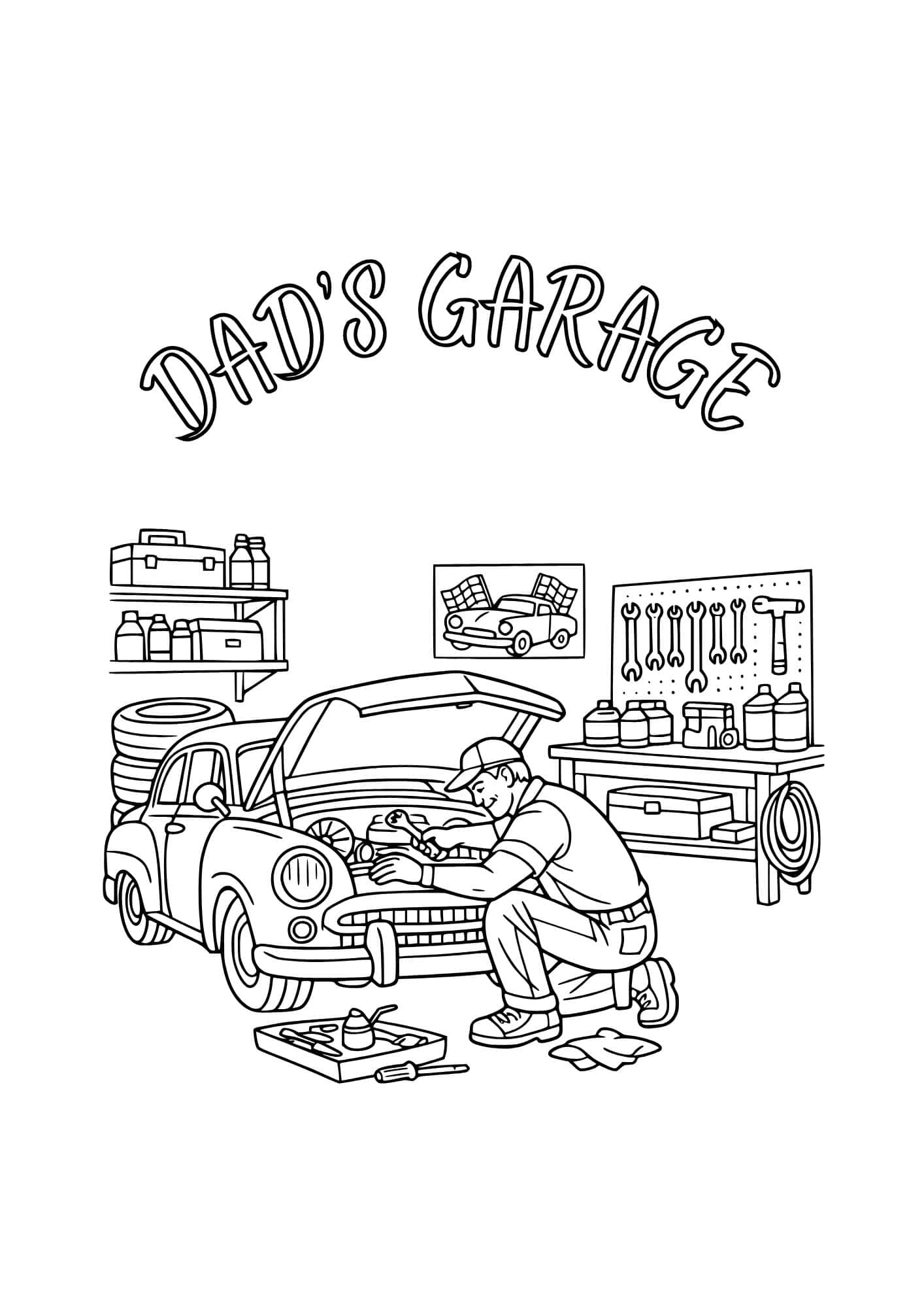 Dad's garage themed coloring page.