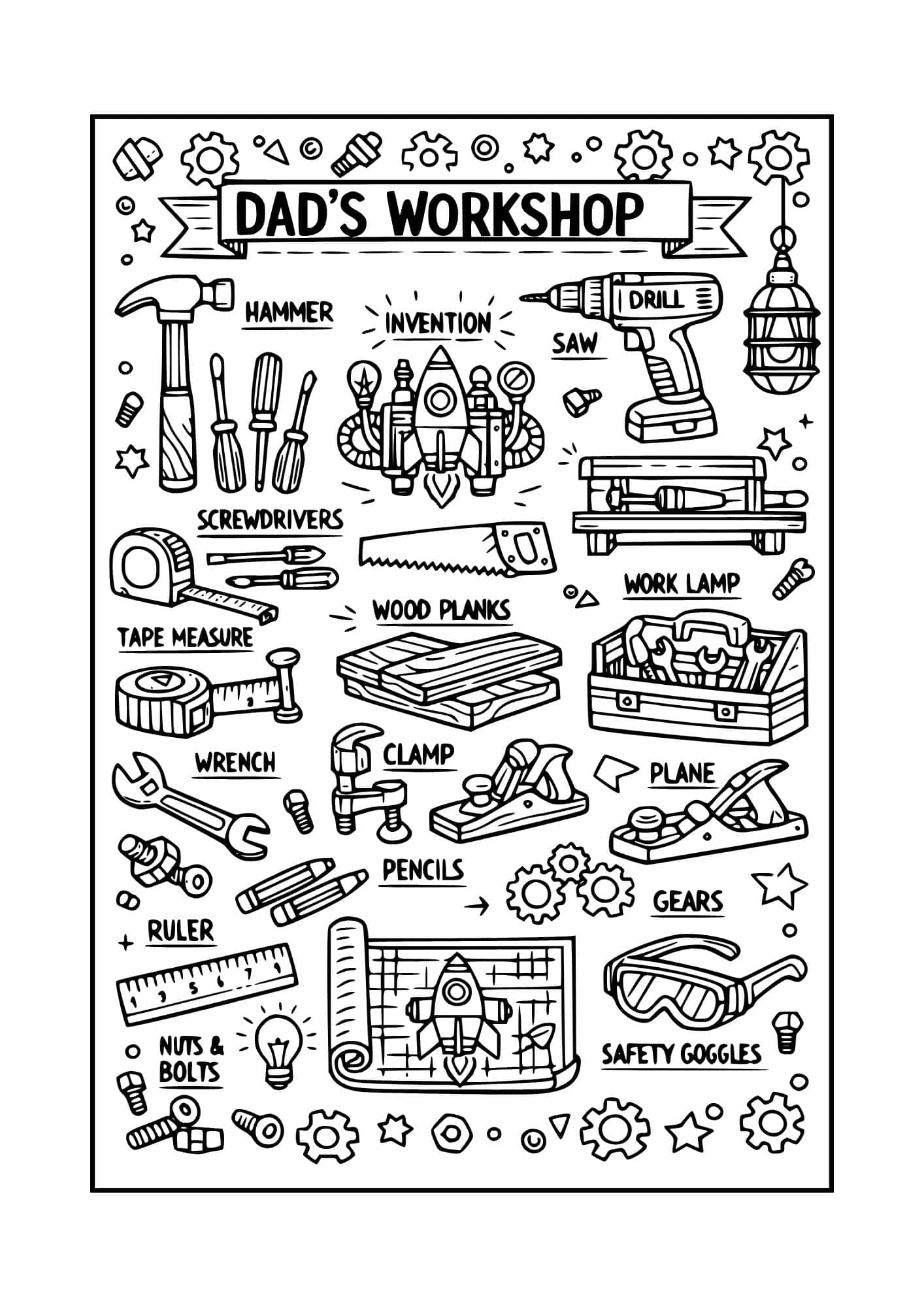 Dad's workshop blueprint of tools coloring page.