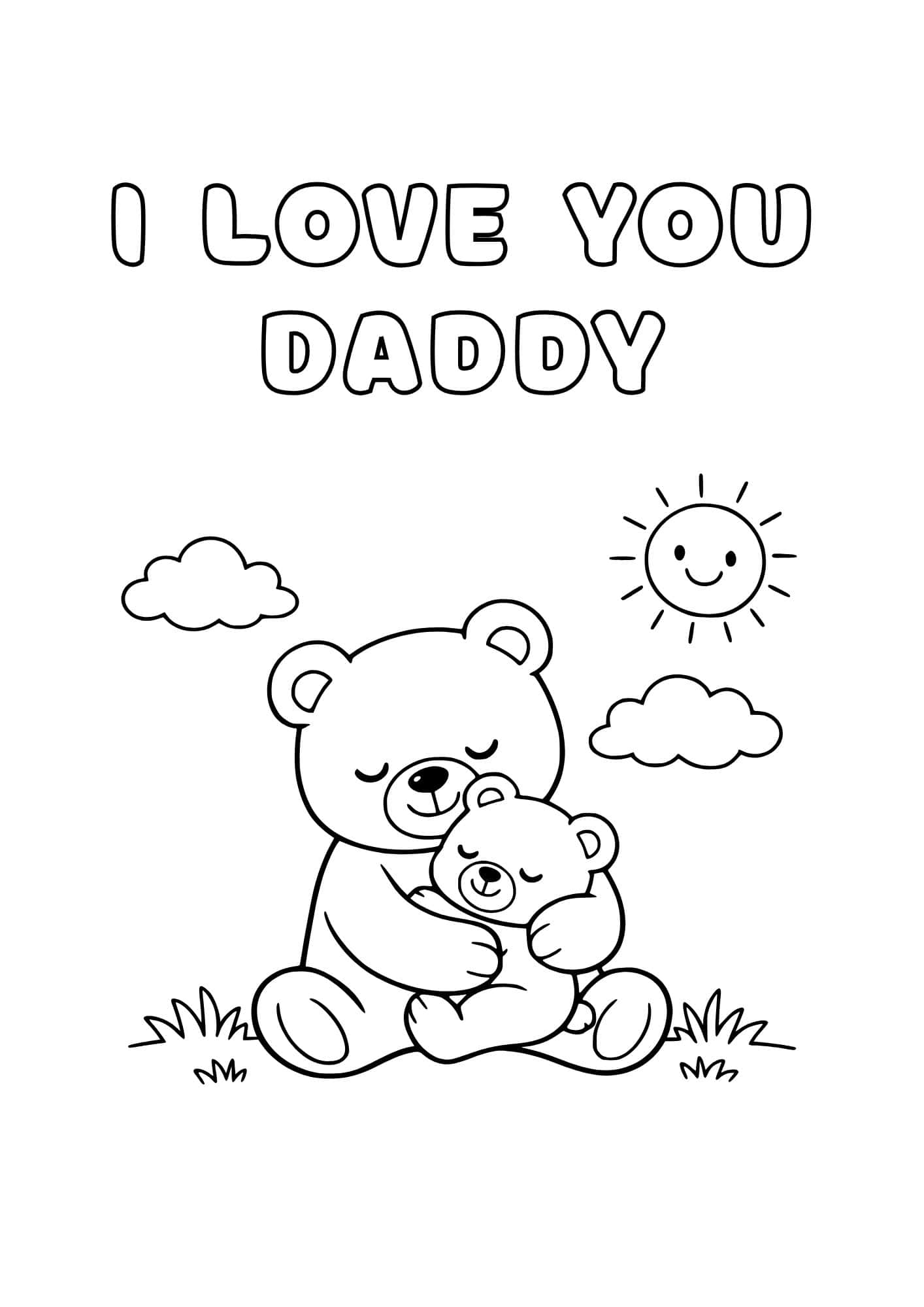 Daddy bear hugging baby bear coloring page.