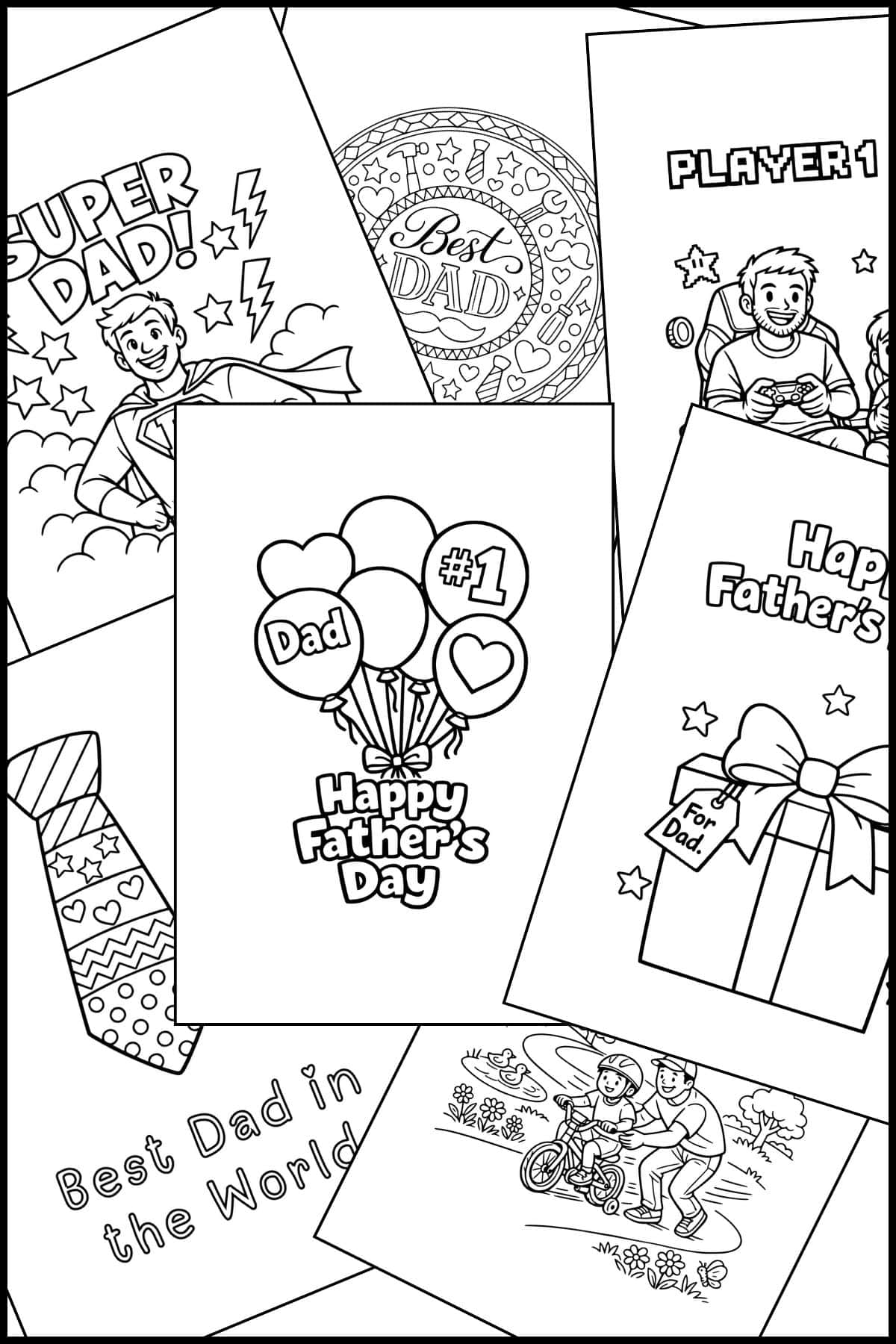 Father's Day coloring pages free printables overlapping on one another.