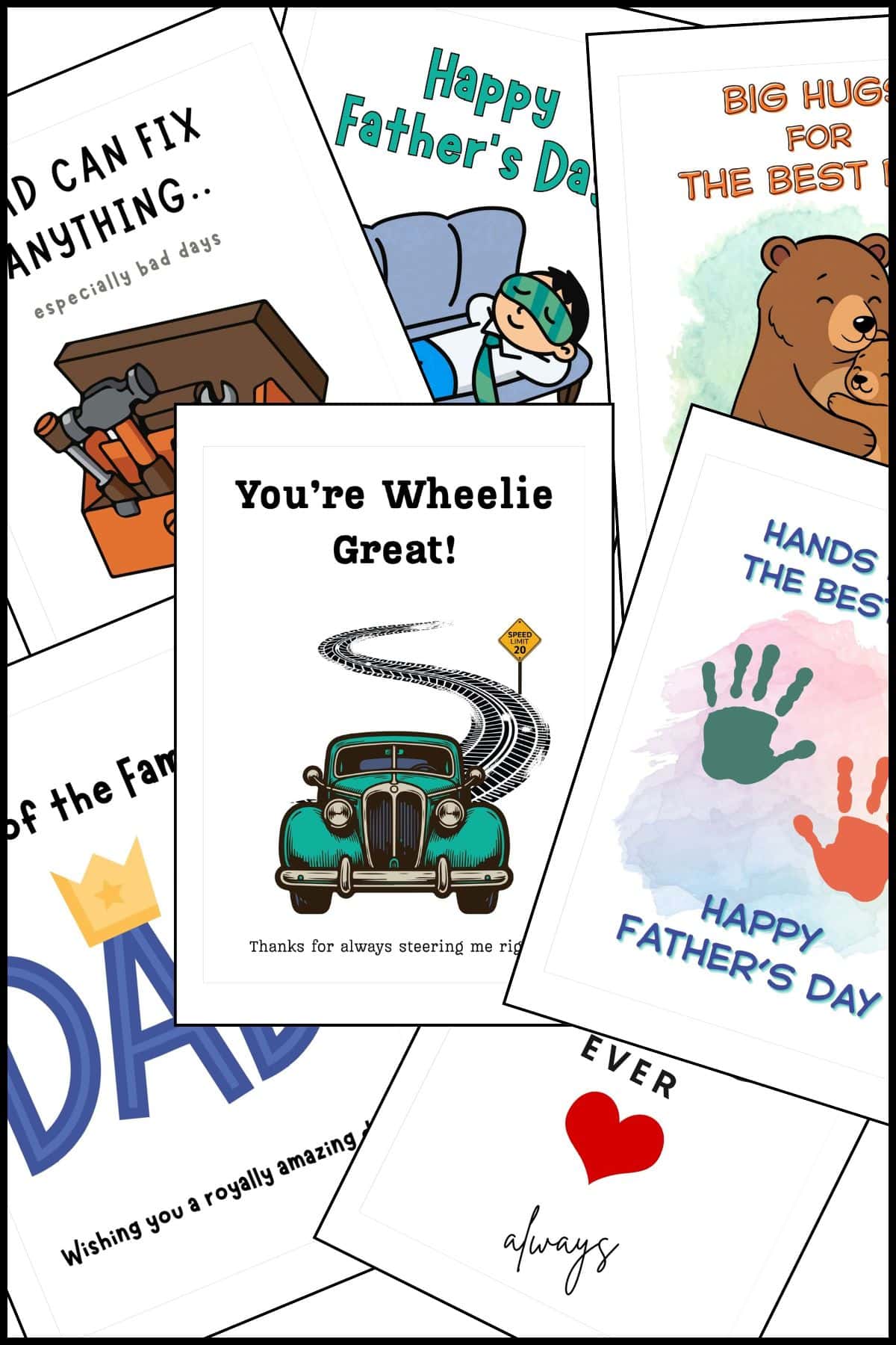 Free printable Father's day cards overlapping on one another.