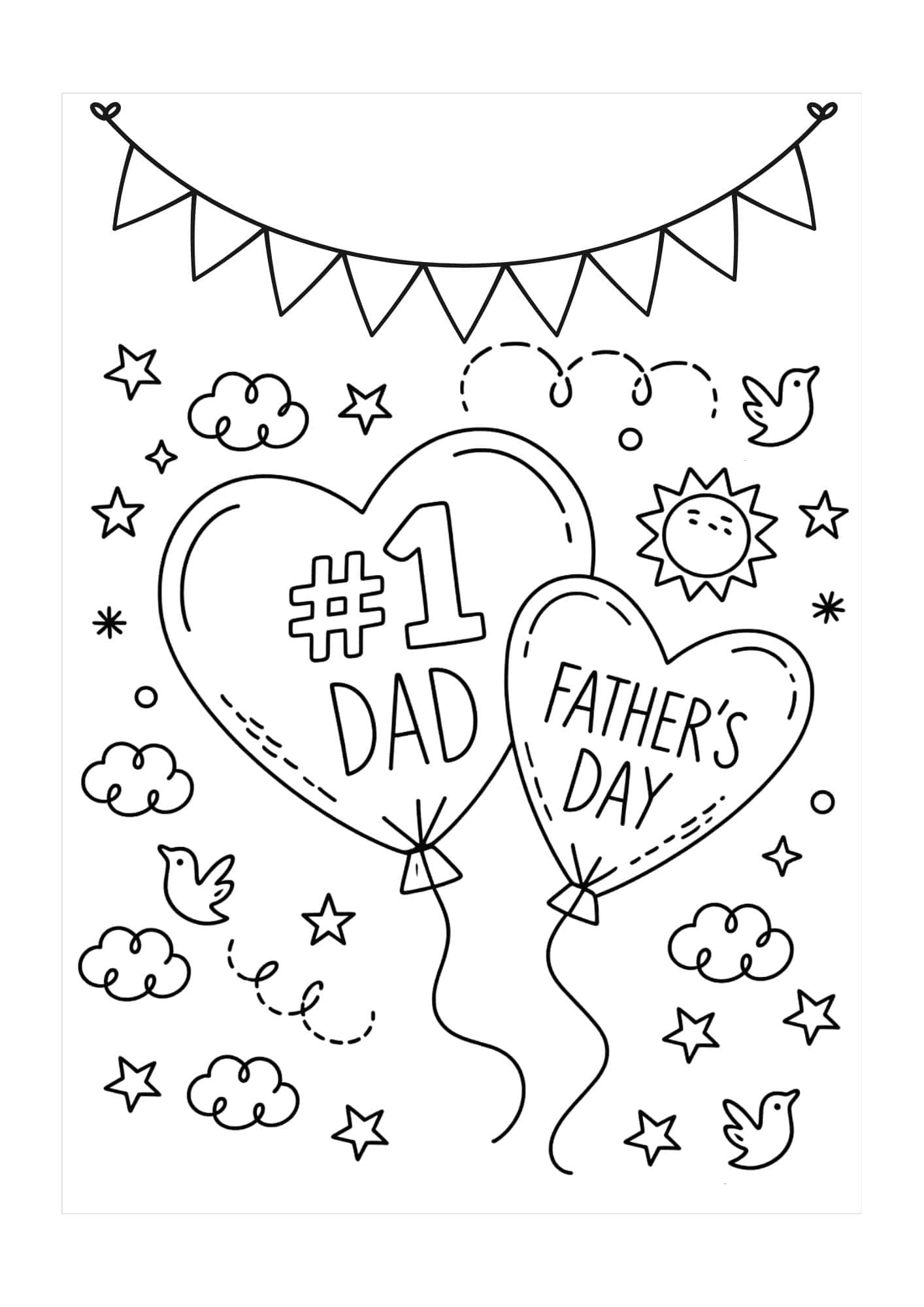 Father's day card design with heart shaped balloons and banners.
