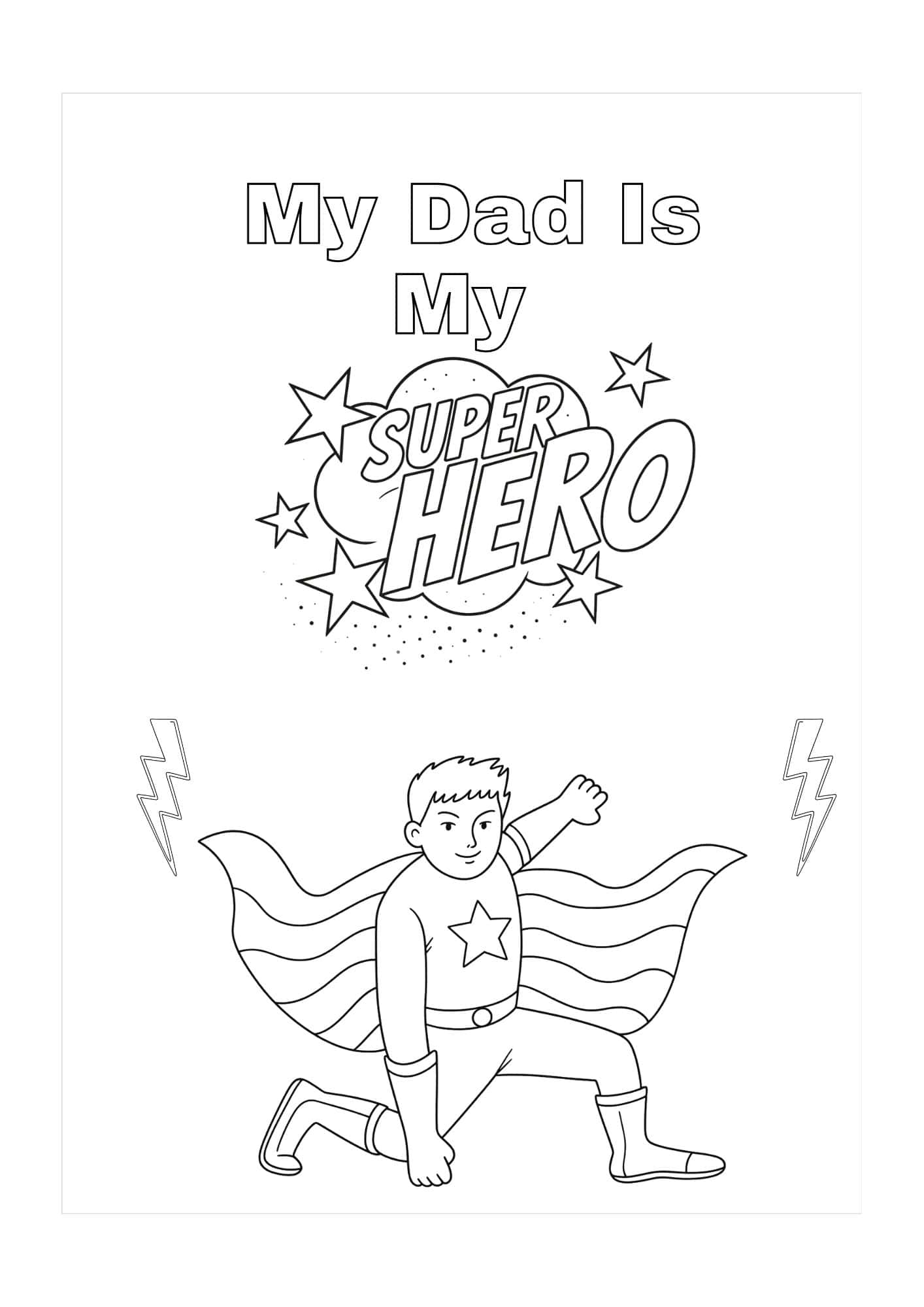 Superhero themed free printable Father's Day card to color.