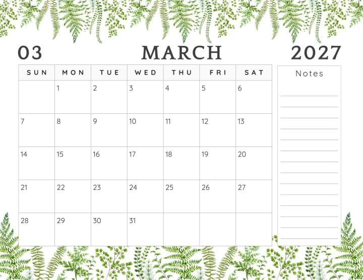 Green leaves themed calendar printable.