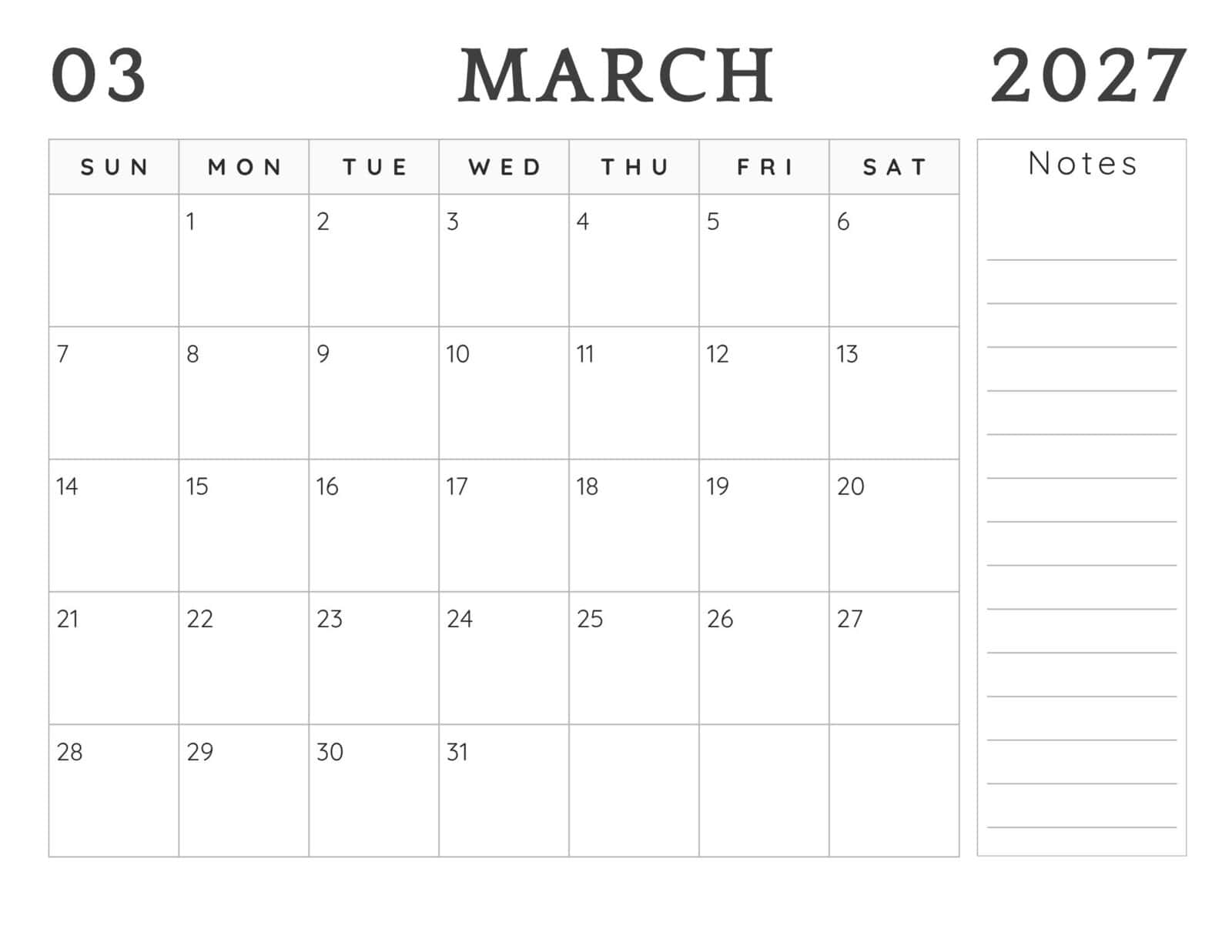 March 2027 Calendar (Free Printable Templates) | The Pink Craft Box