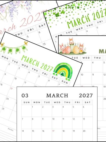 A stack of March 2027 calendar templates overlapping on one another.